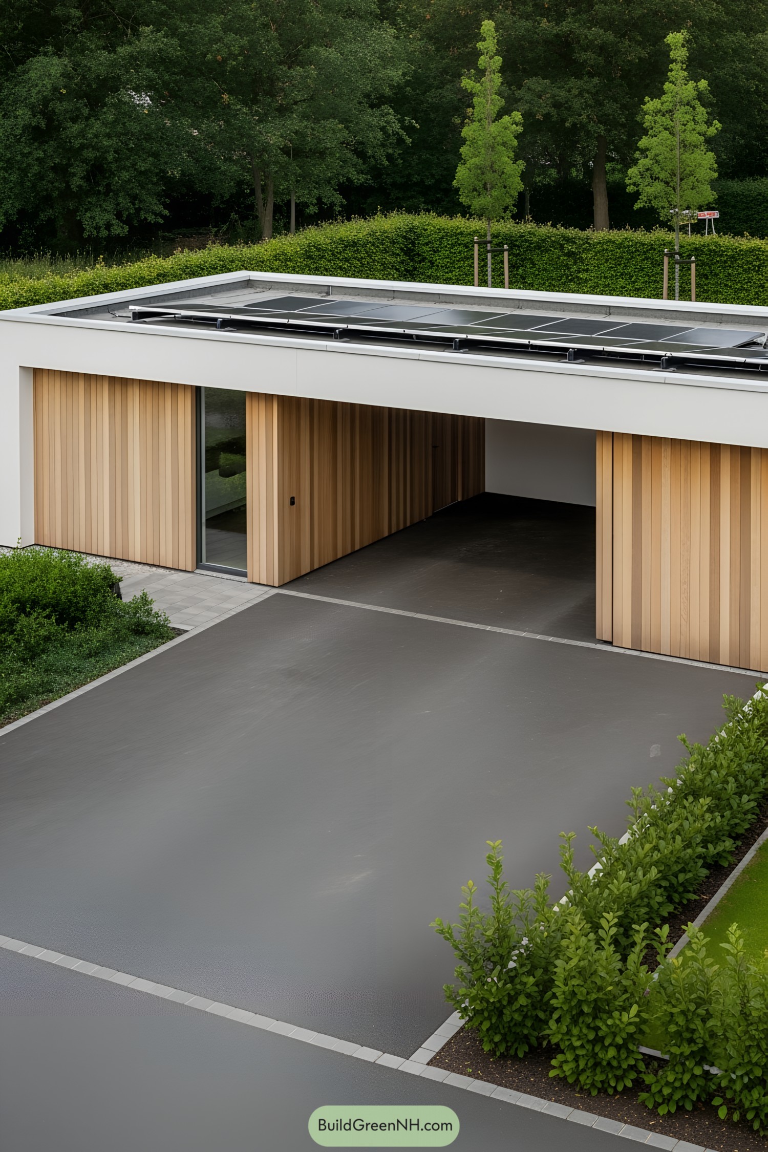 Modern carport with solar panels and wooden accents