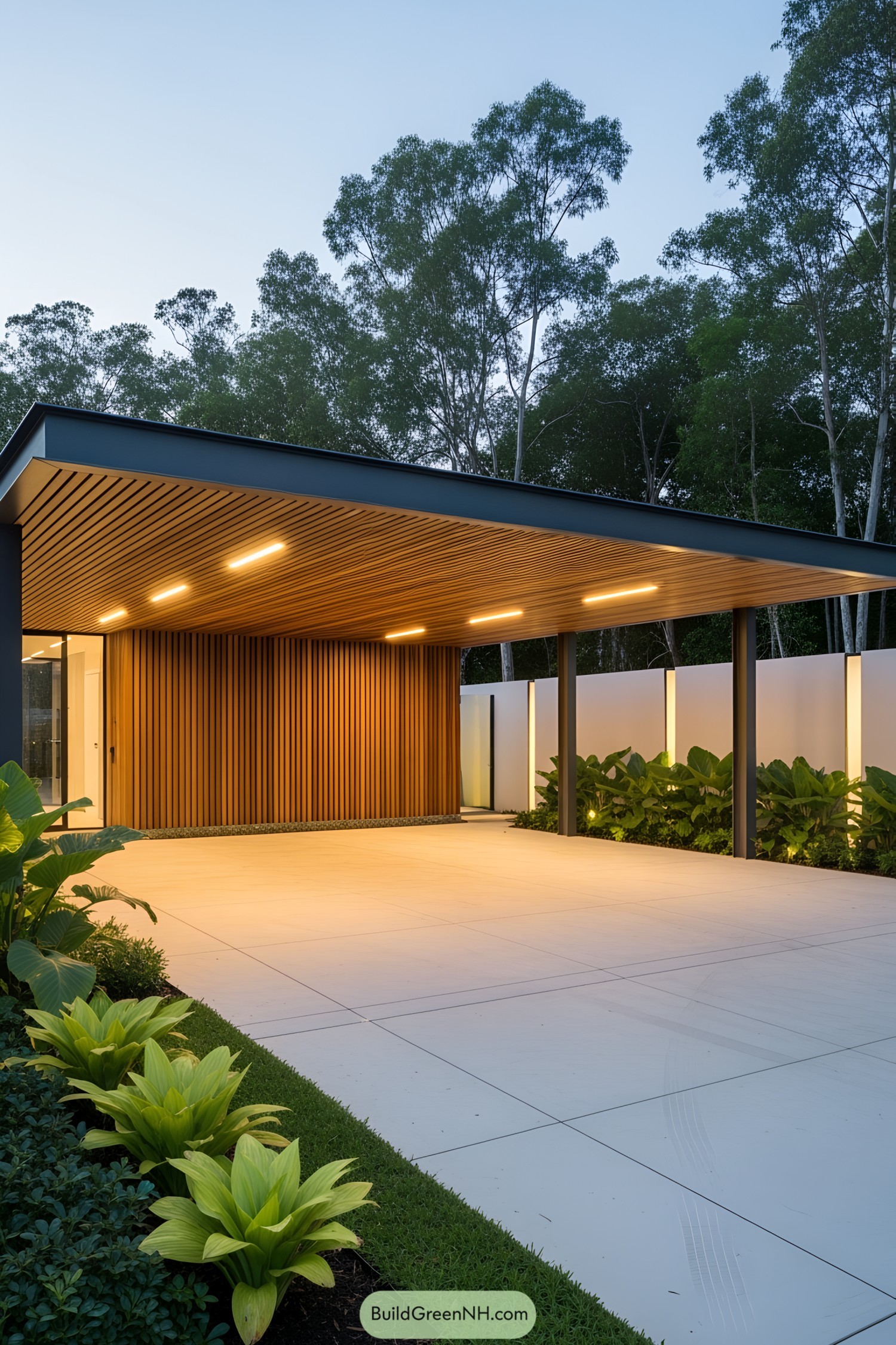 A modern carport with a wooden ceiling and sleek design