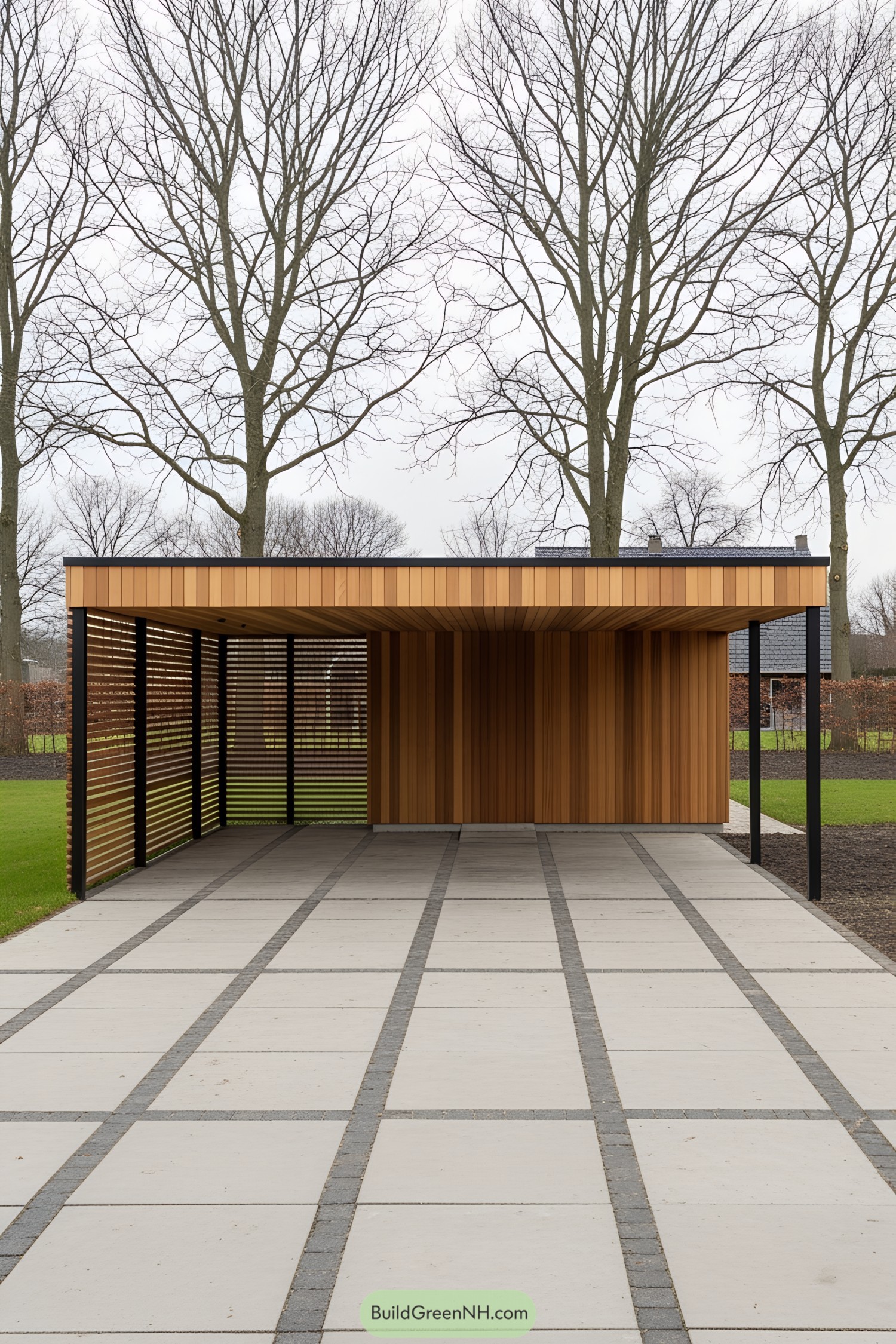 Stylish wooden carport in a serene setting