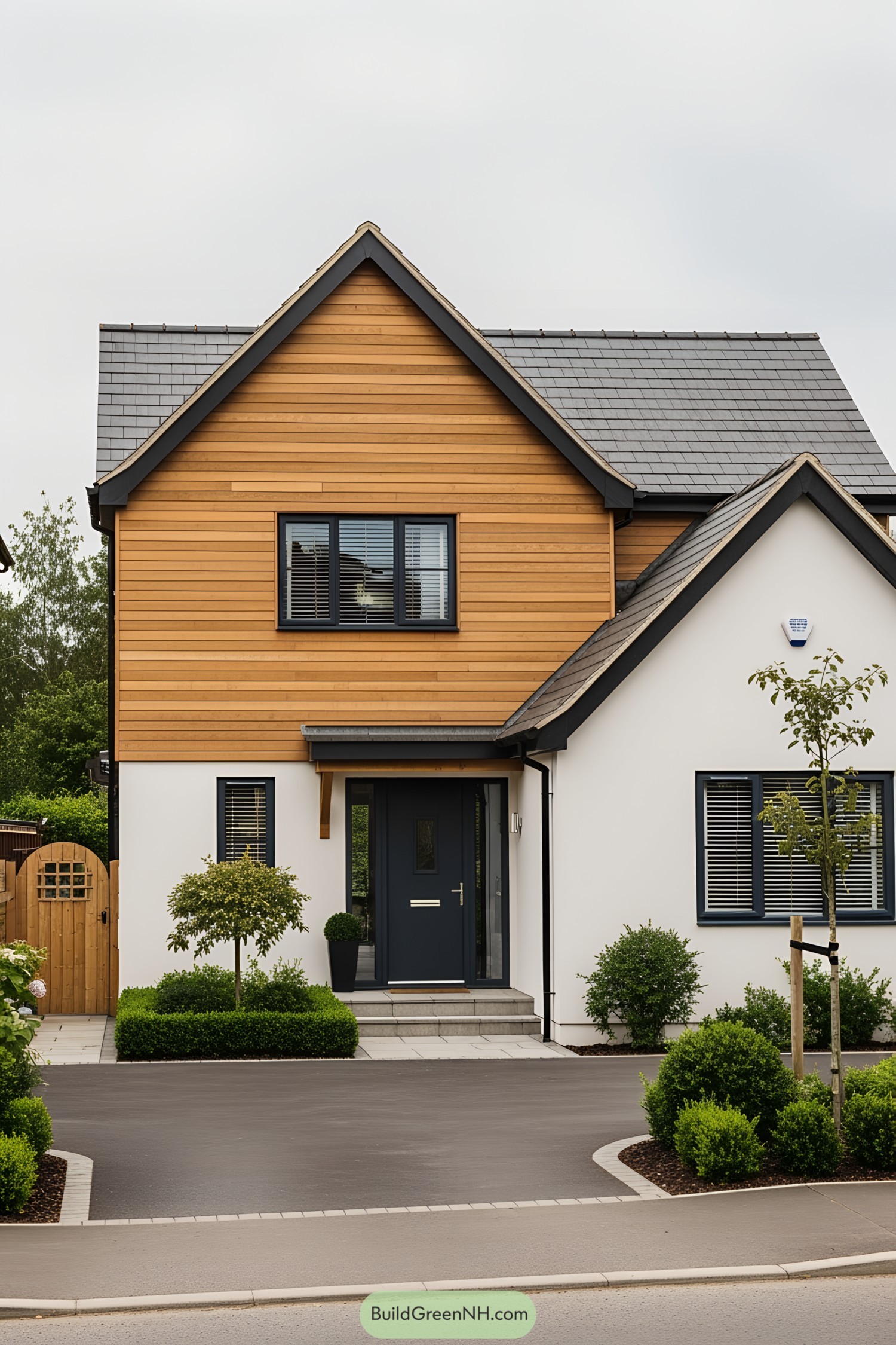 Two-tone bungalow with wood and white exterior