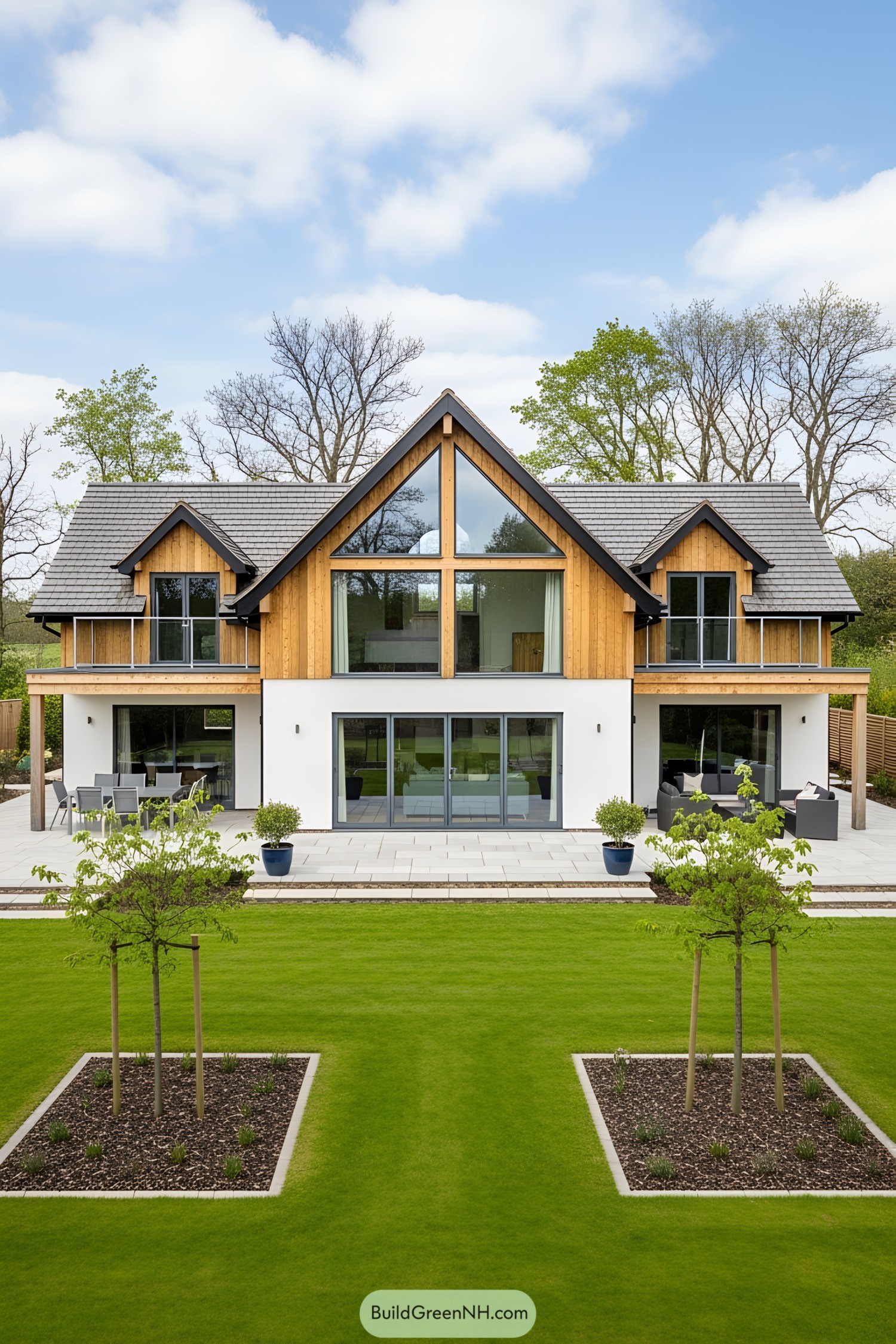 Contemporary chalet bungalow with timber accents and large windows