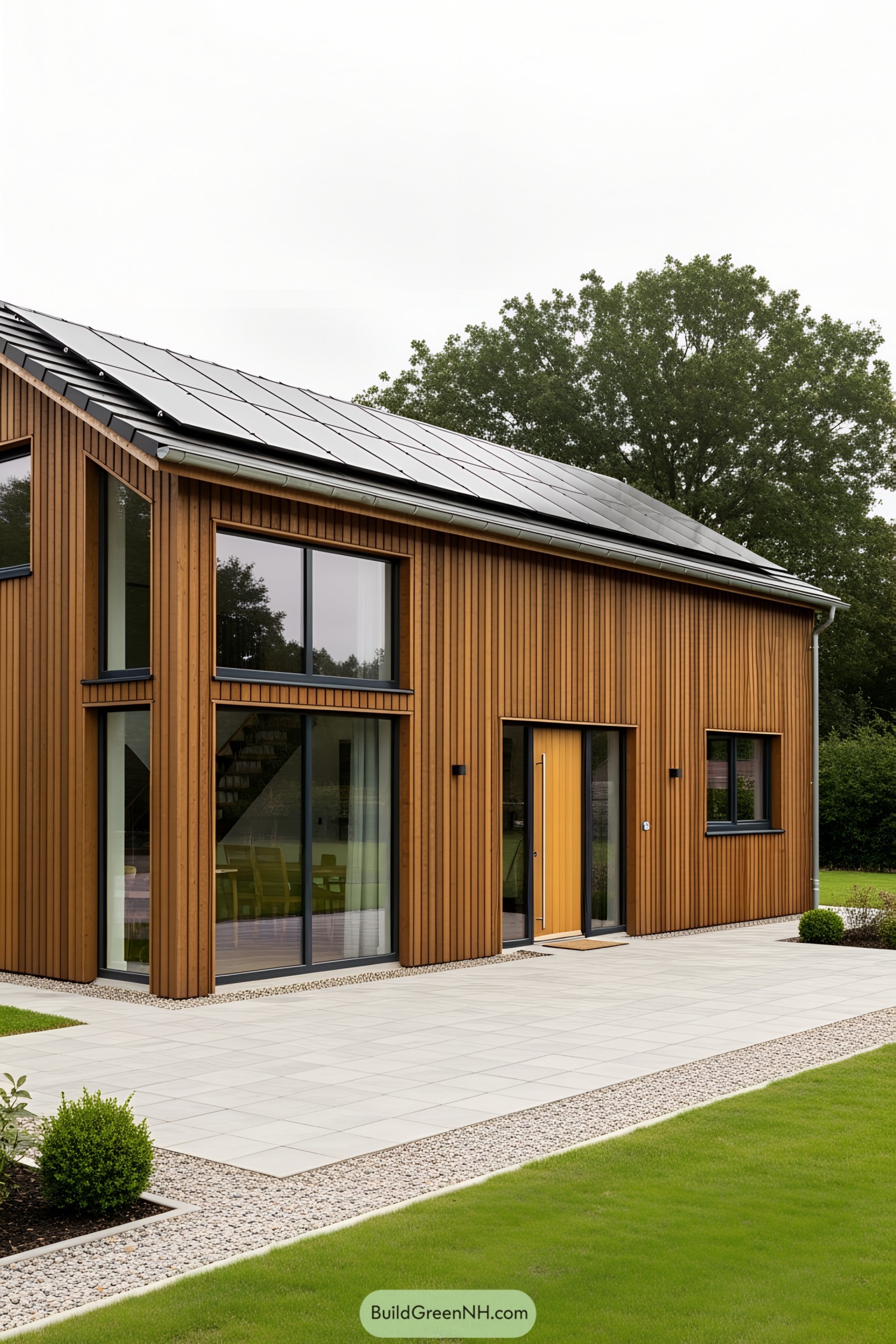 Wooden chalet bungalow with solar panels and large windows