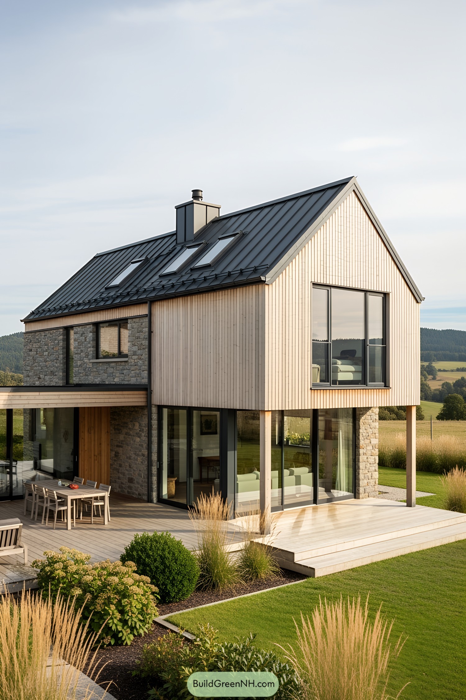 Contemporary chalet bungalow with wood and stone exterior