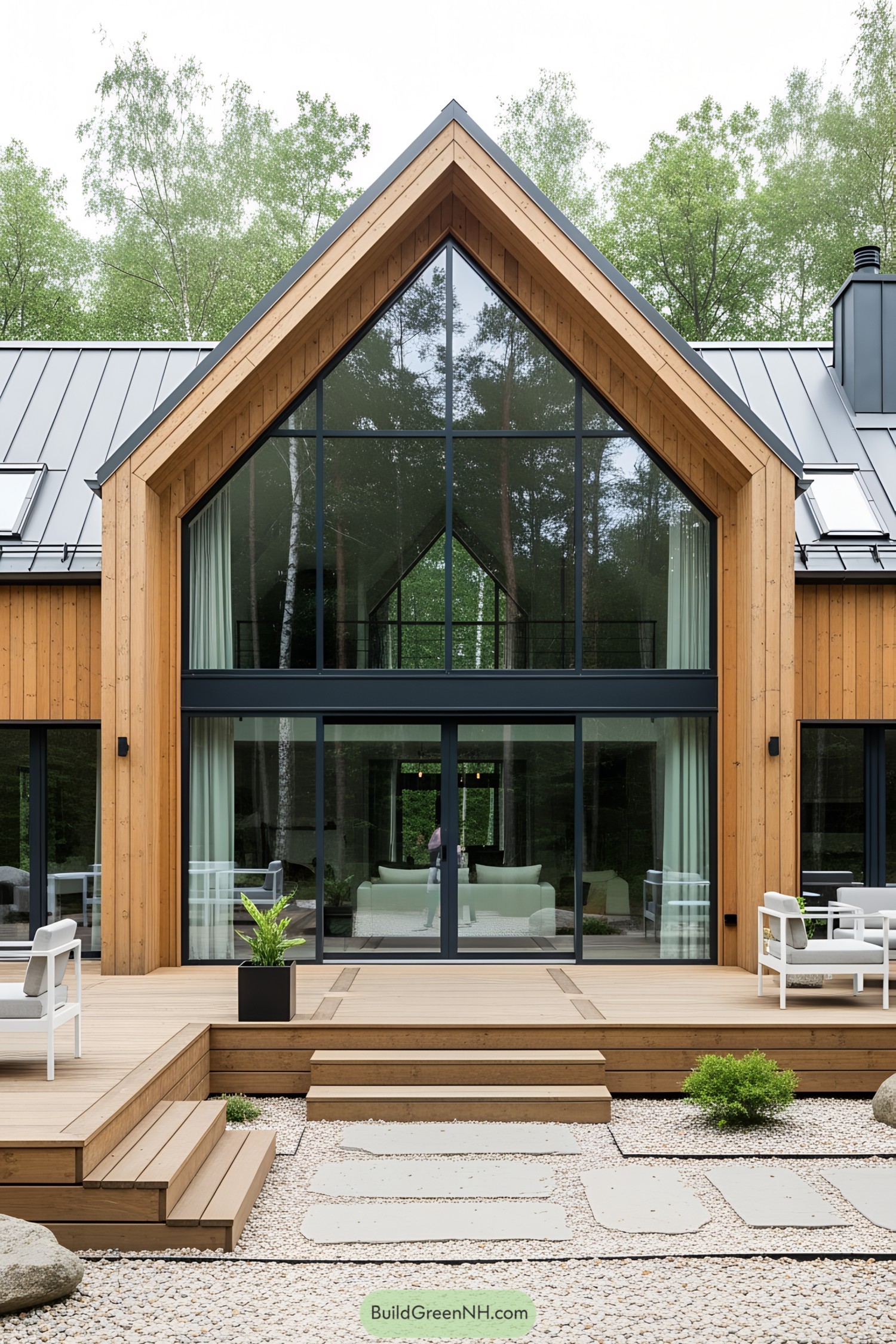 Modern chalet bungalow with expansive glass windows