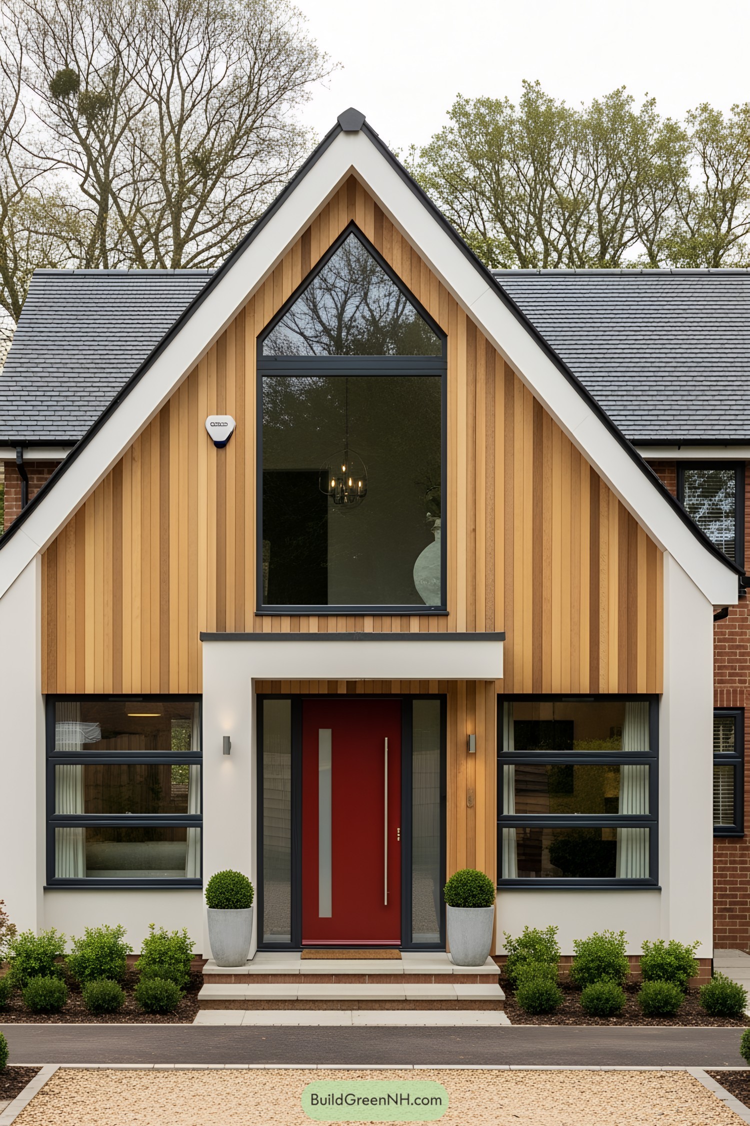 Modern chalet bungalow with large window and red door