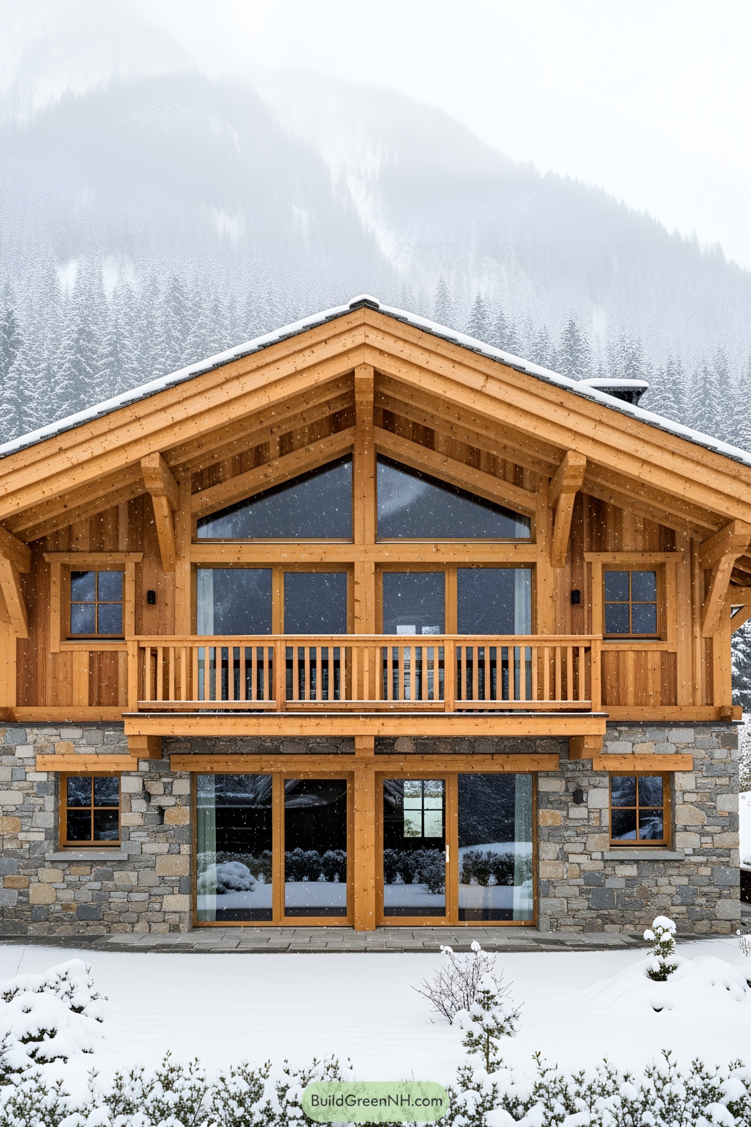 Chalet with timber and stone design set against a snowy backdrop