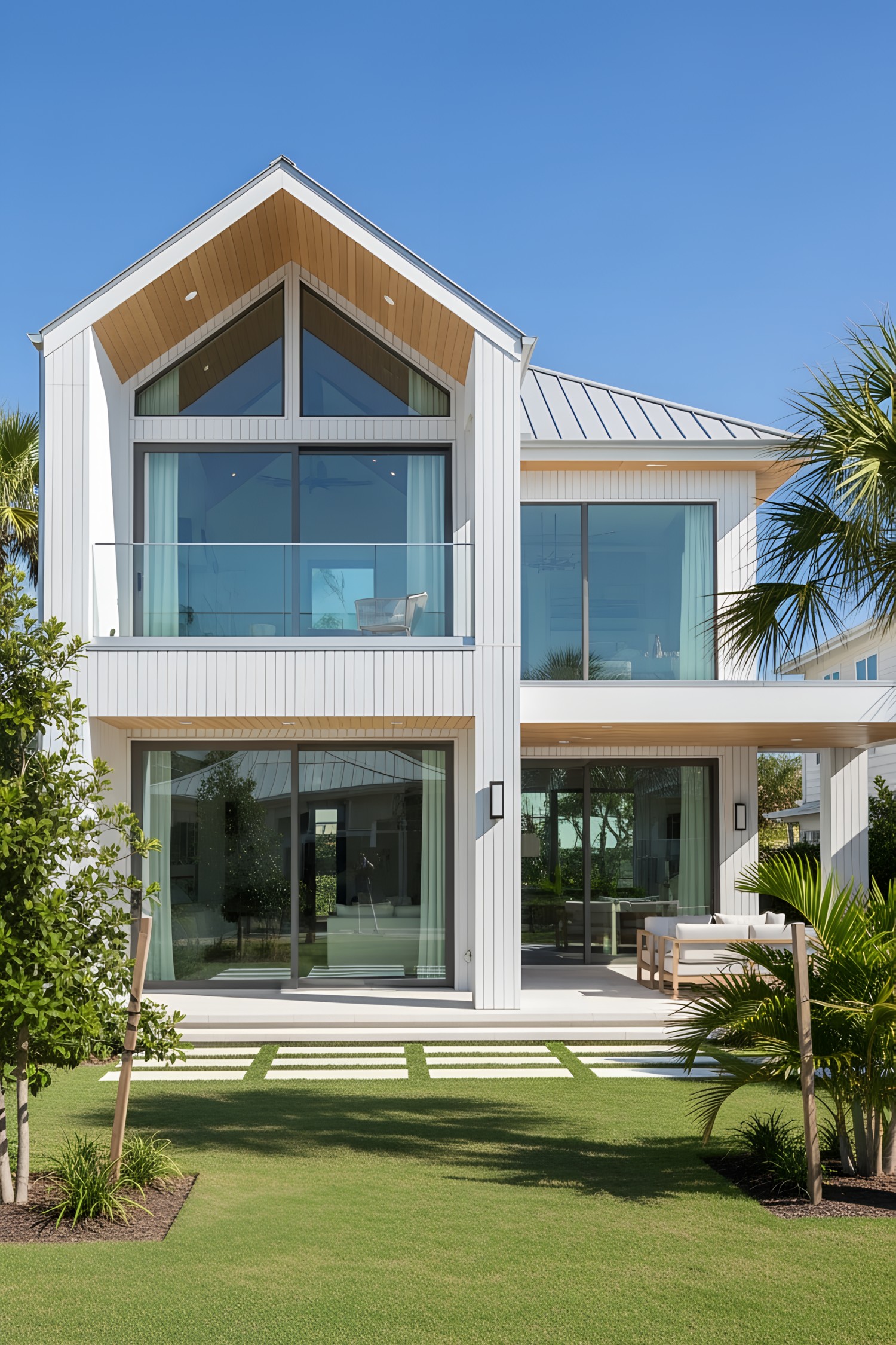 Modern coastal house with large glass windows, white facade, and lush lawn
