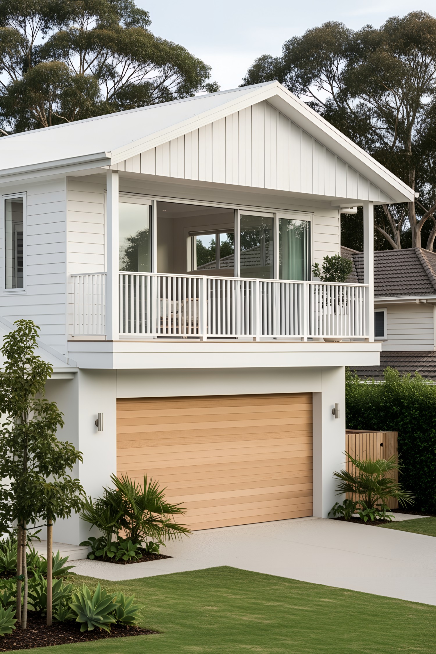 Modern coastal home with white siding and wooden accents