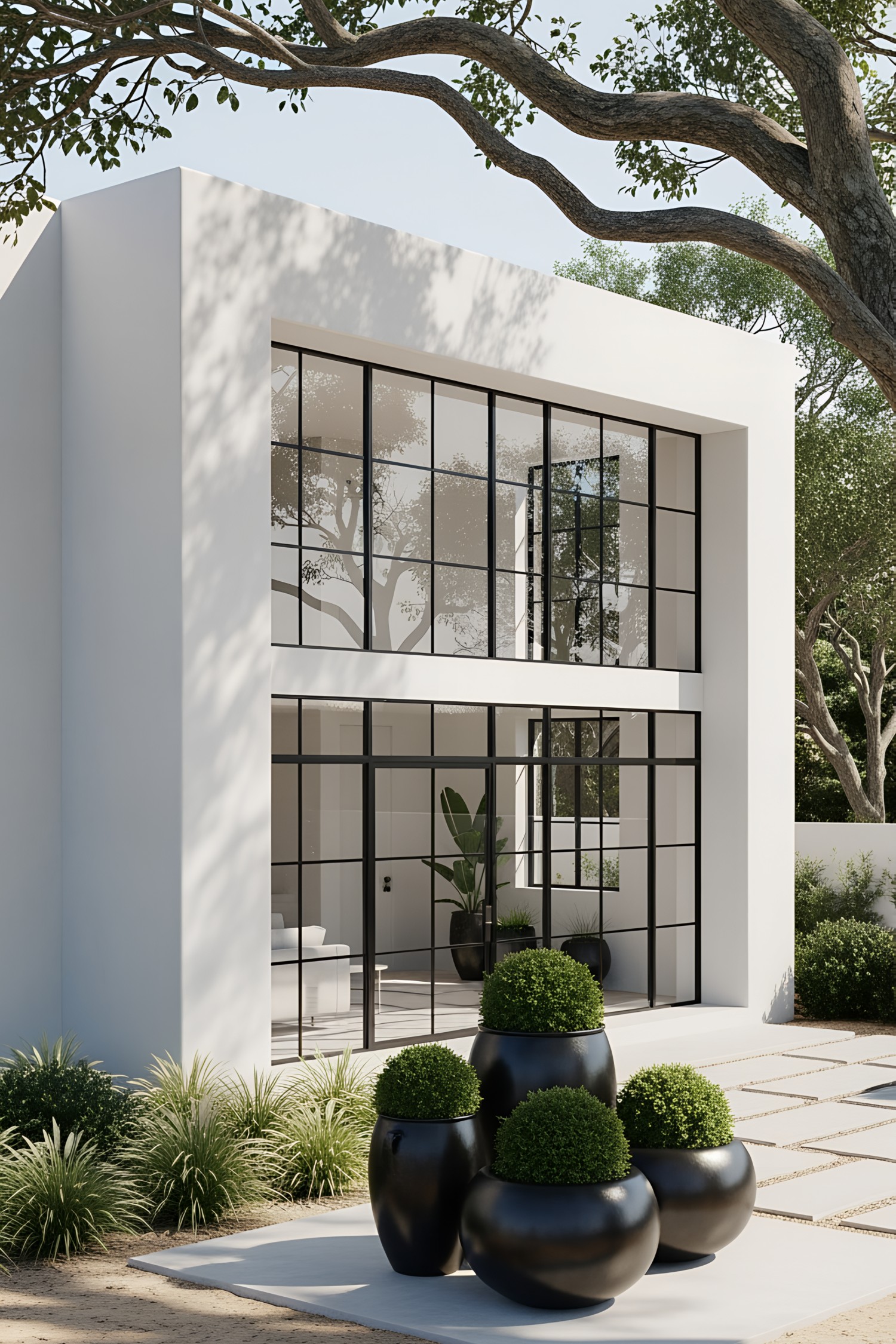 Modern coastal house with large glass windows and outdoor potted plants