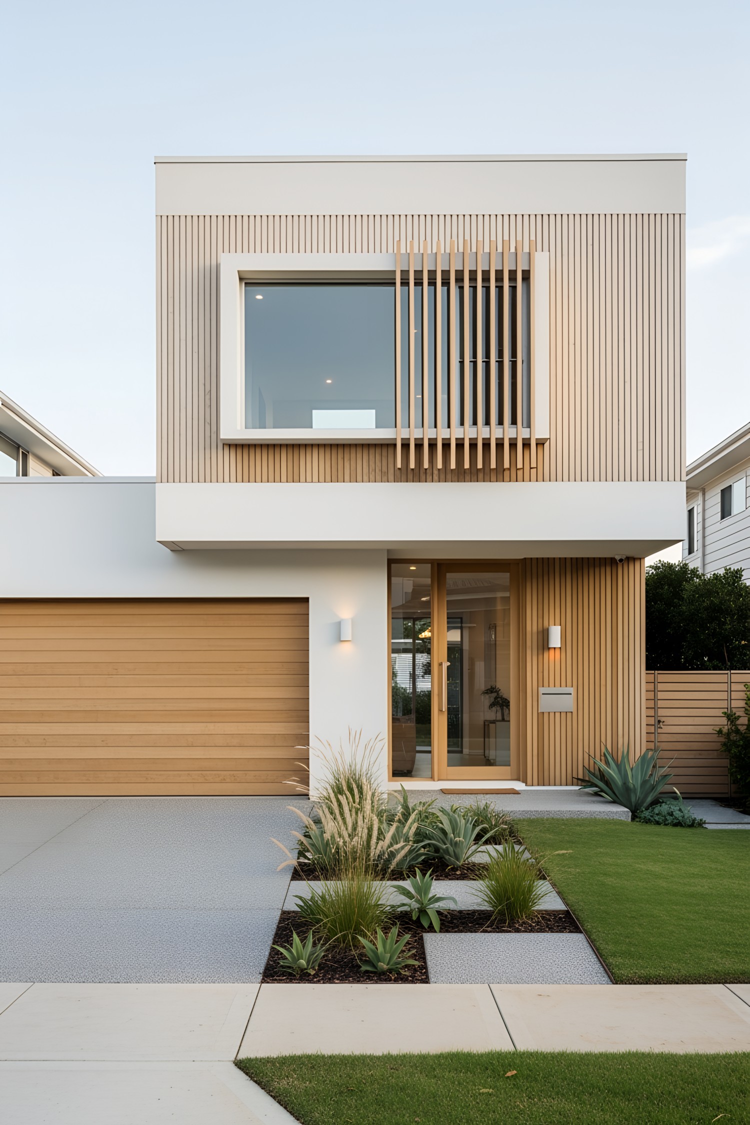 Modern beach house with wood accents and a lush front yard