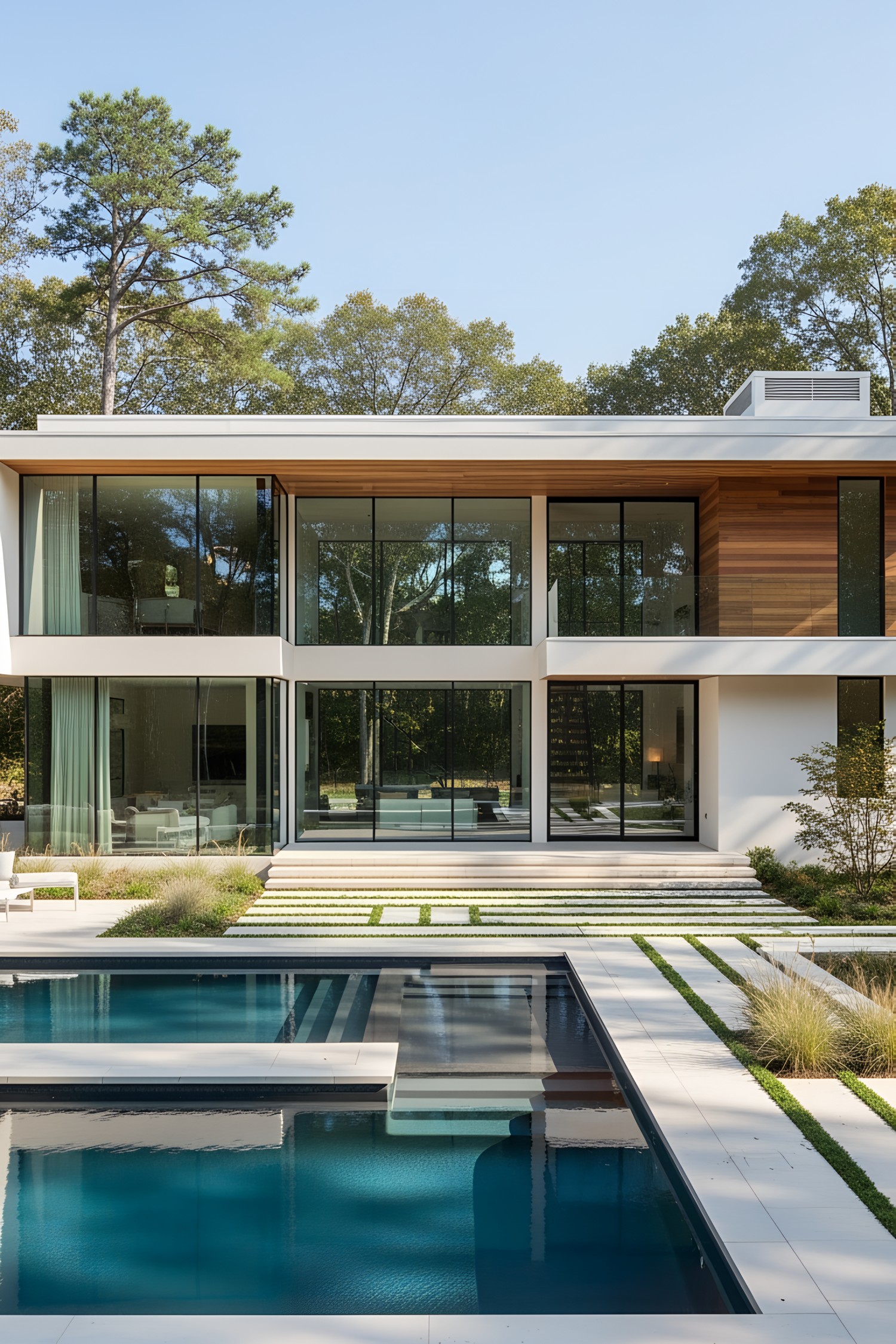 Modern house with large windows and pool