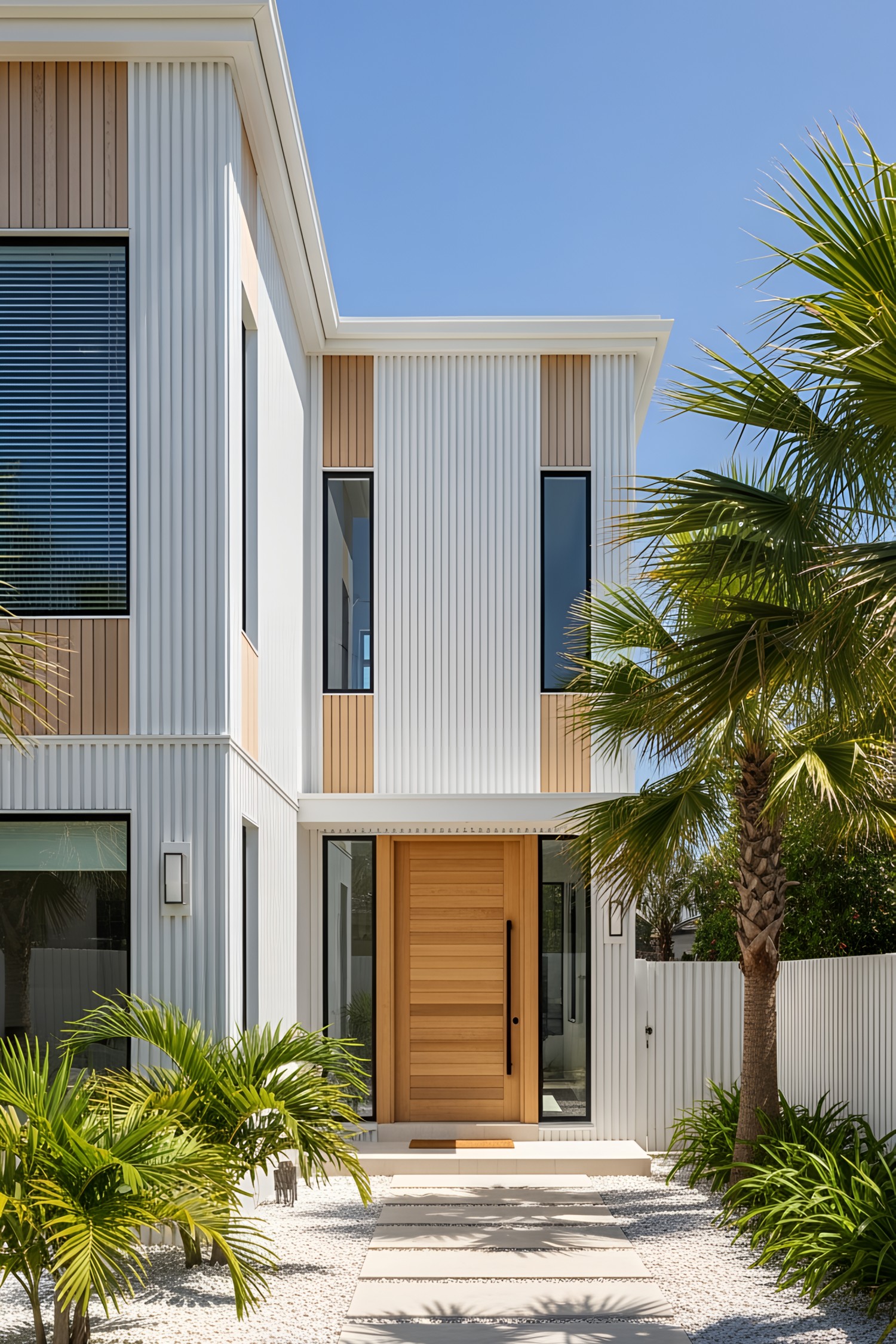 Stylish coastal exterior with palm trees