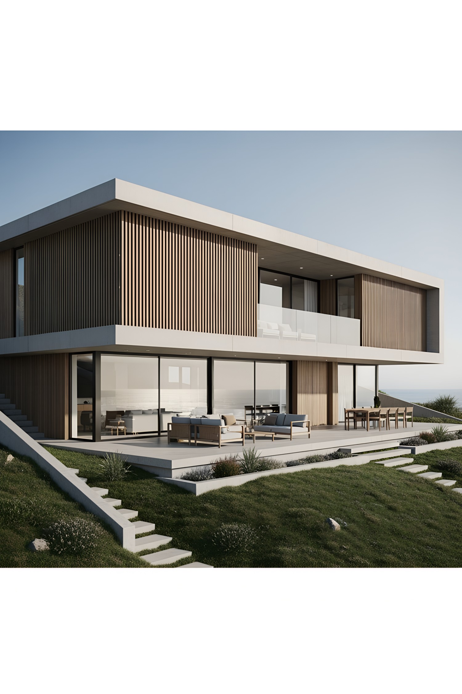 Modern two-story house with large glass windows and wooden accents