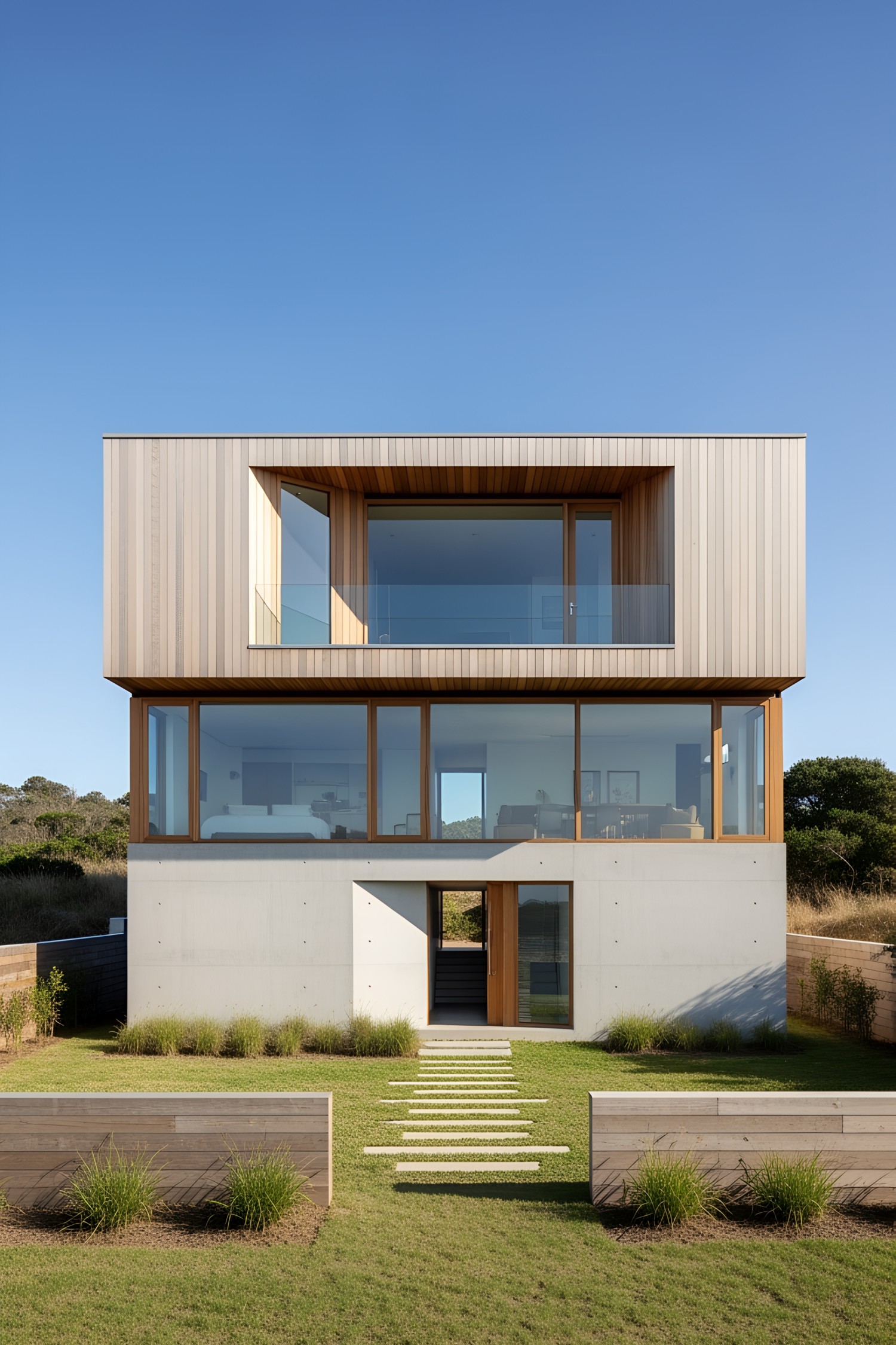 Contemporary coastal home with large glass windows and modern design