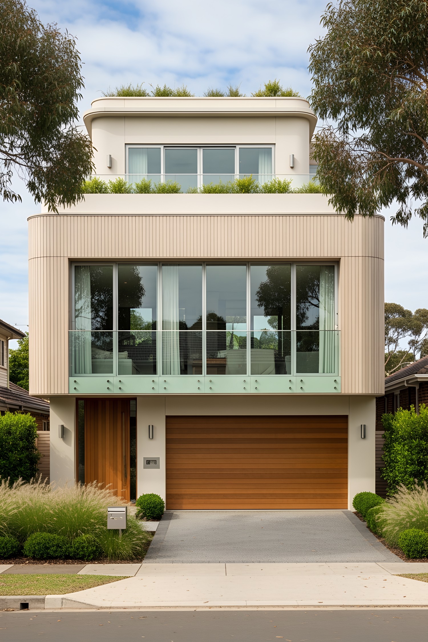 Modern coastal house with large glass windows and rooftop greenery