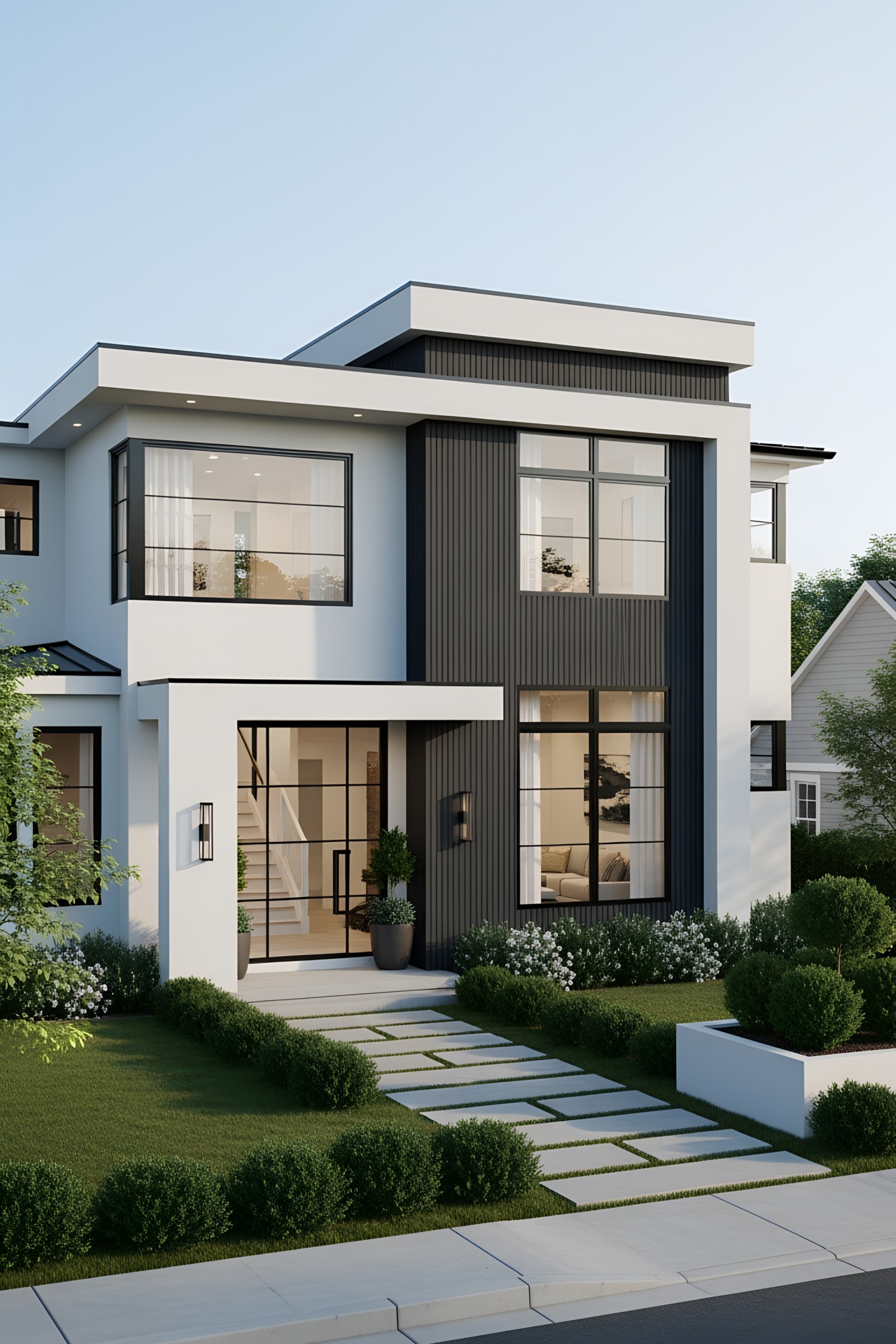 Modern house with large windows and lush landscaping