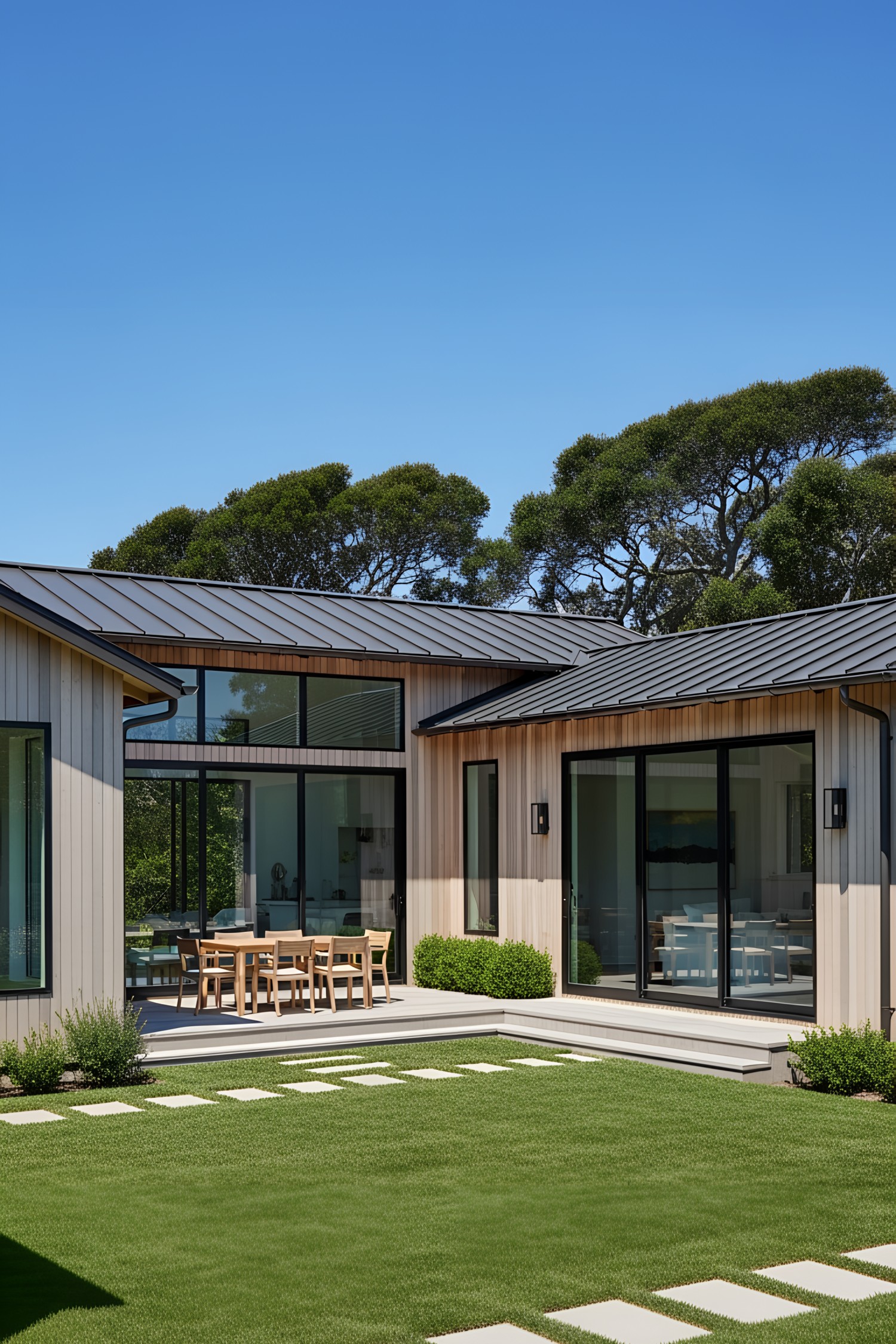 Contemporary coastal house with glass doors and lush greenery