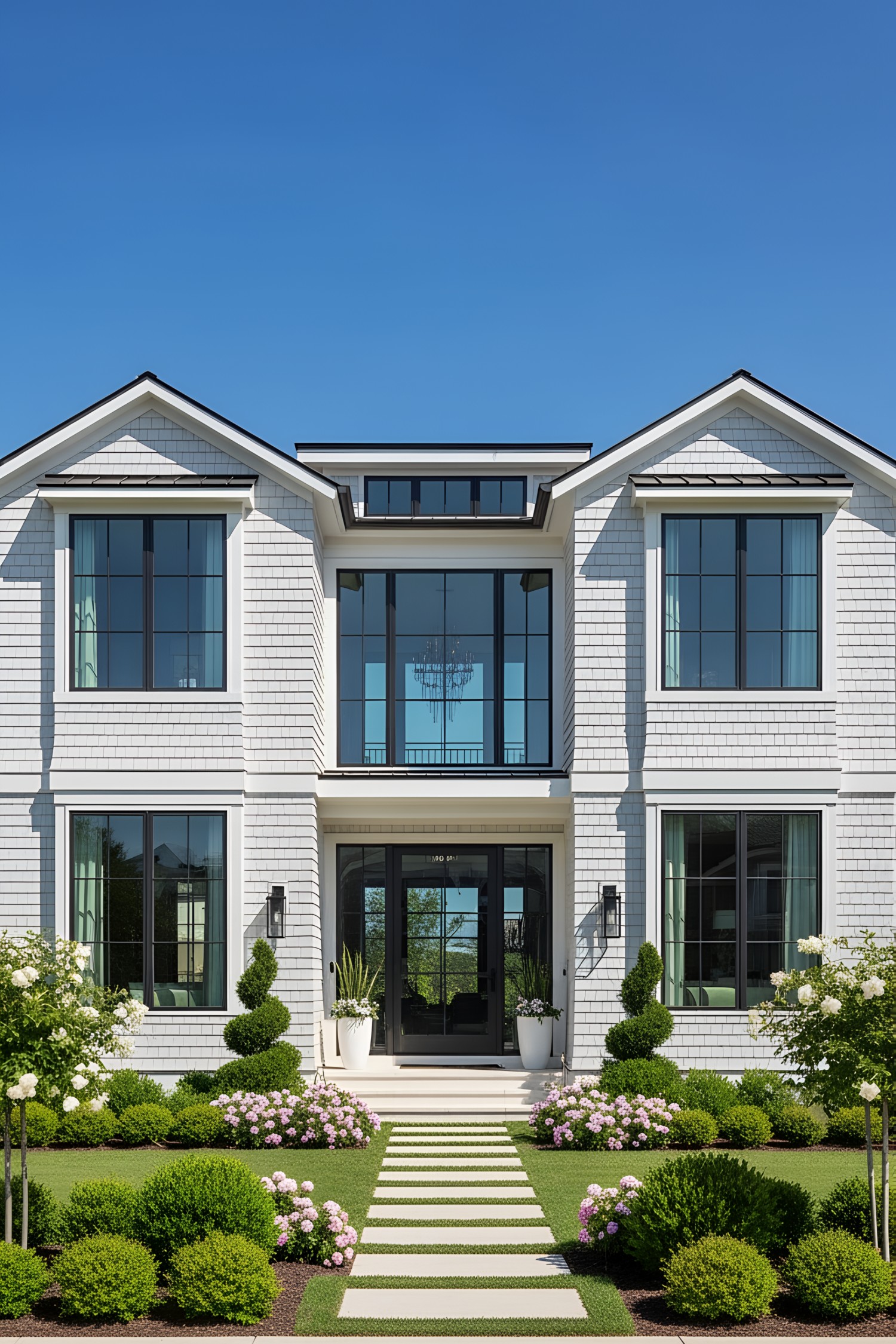 Contemporary white coastal house with manicured garden