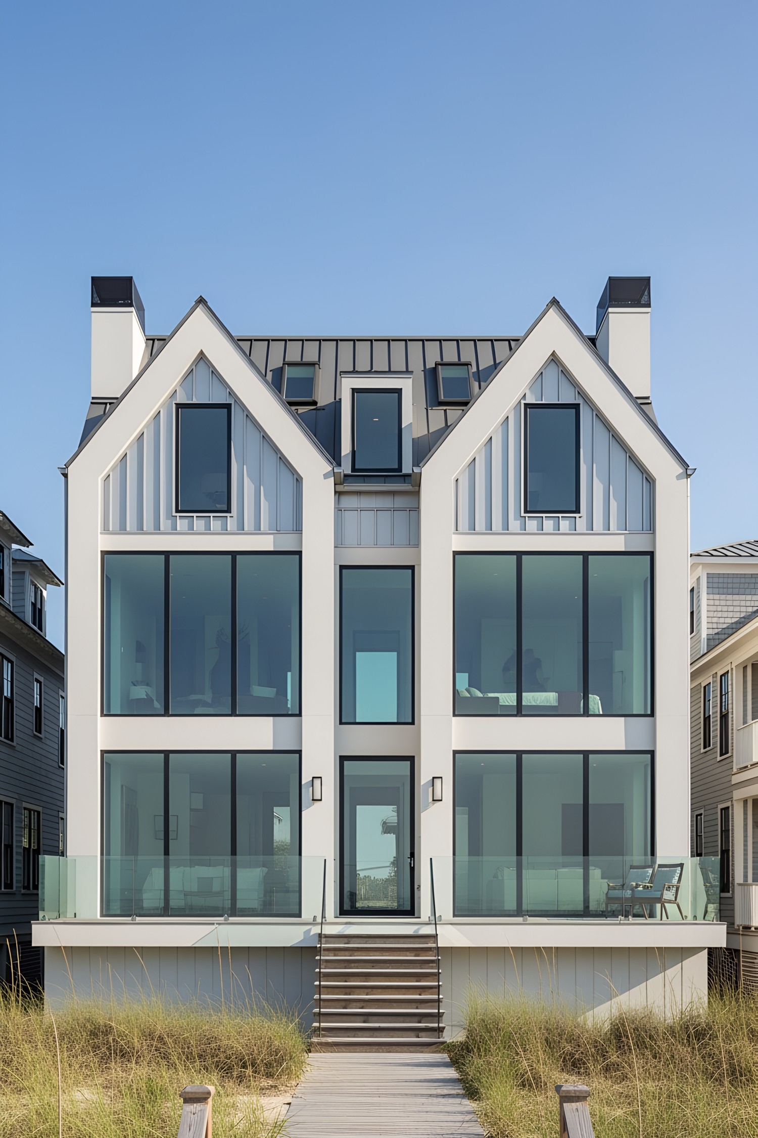 Modern coastal house with large glass windows and clean lines