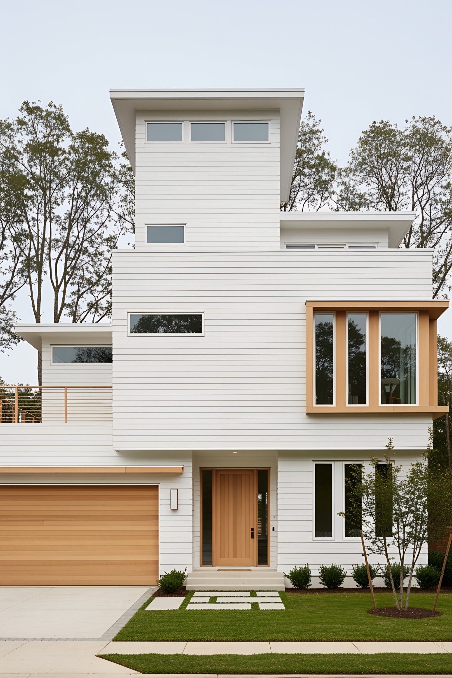 Contemporary white house with large wooden accents and modern design