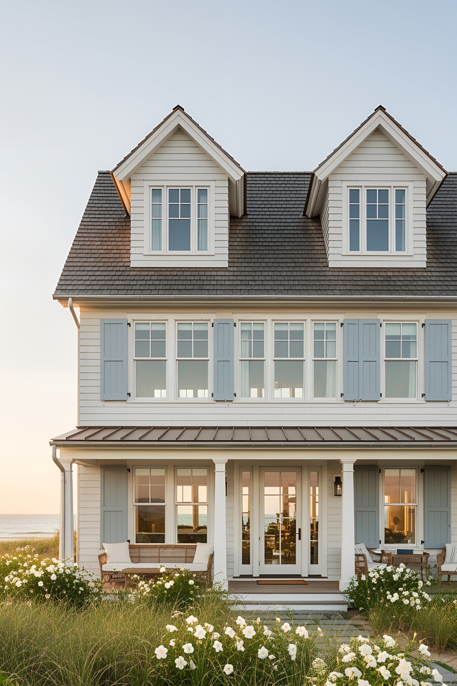 Coastal house with blue shutters and white trim