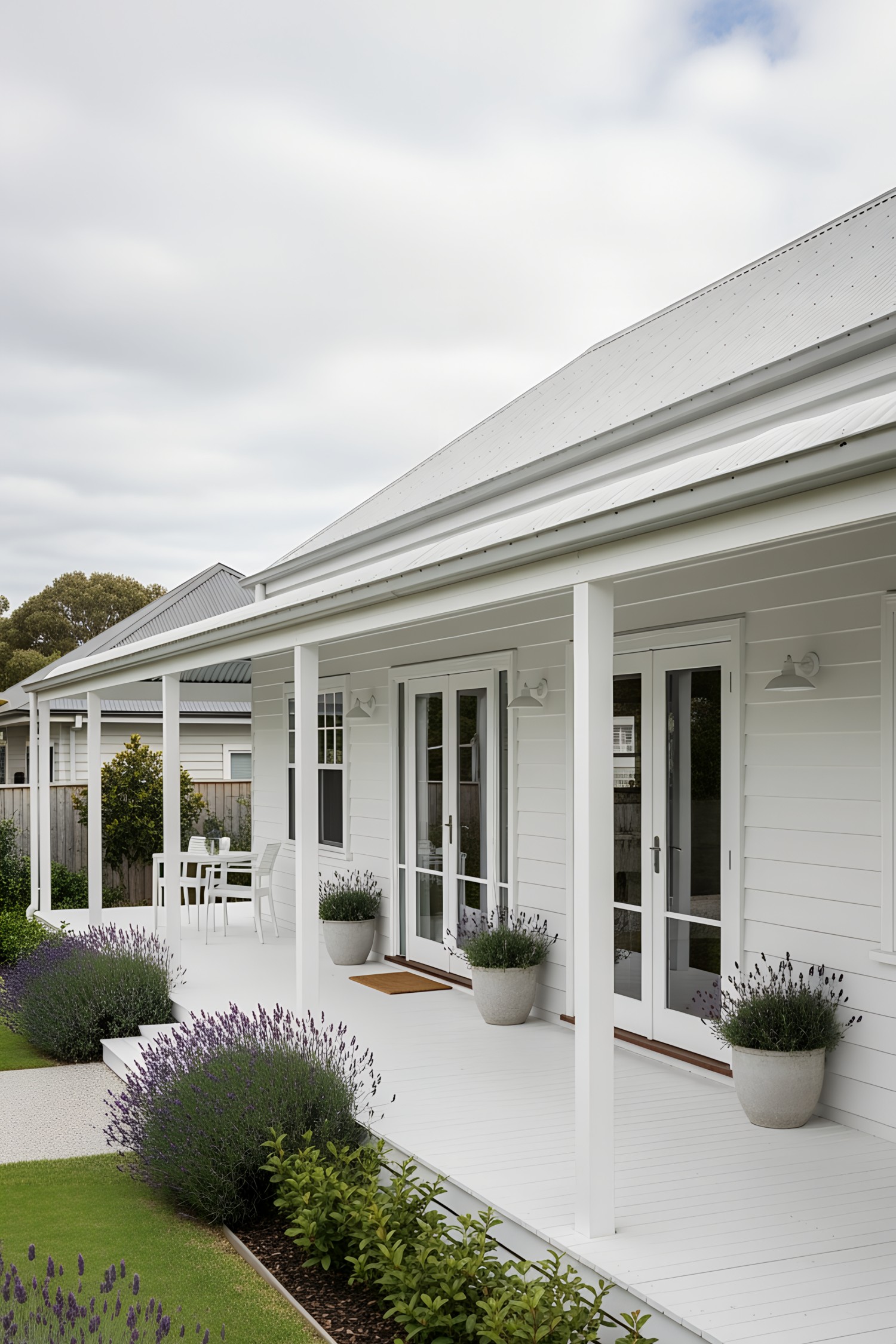 White coastal house with a charming porch and lush garden
