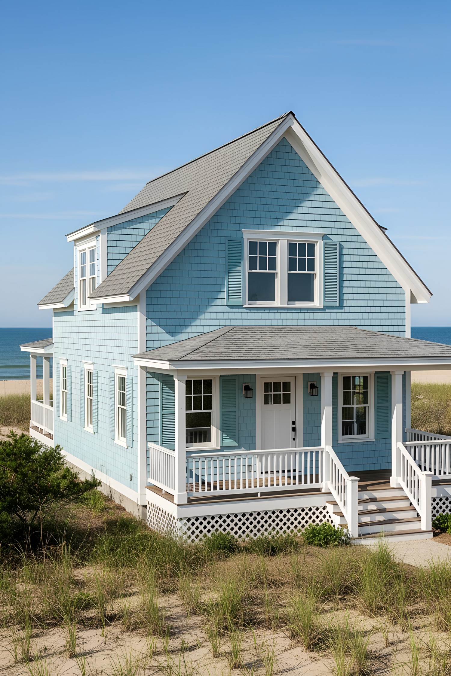 Coastal house with blue siding and white trim
