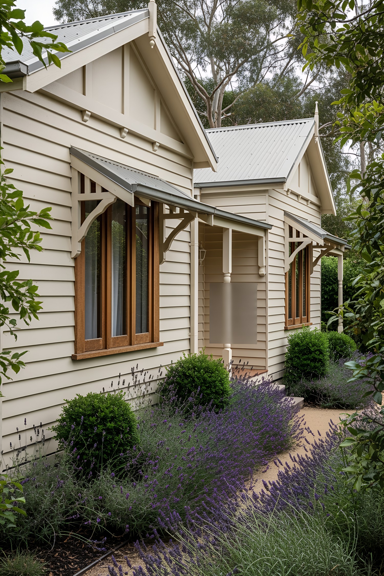 Beige wooden house with lavender garden