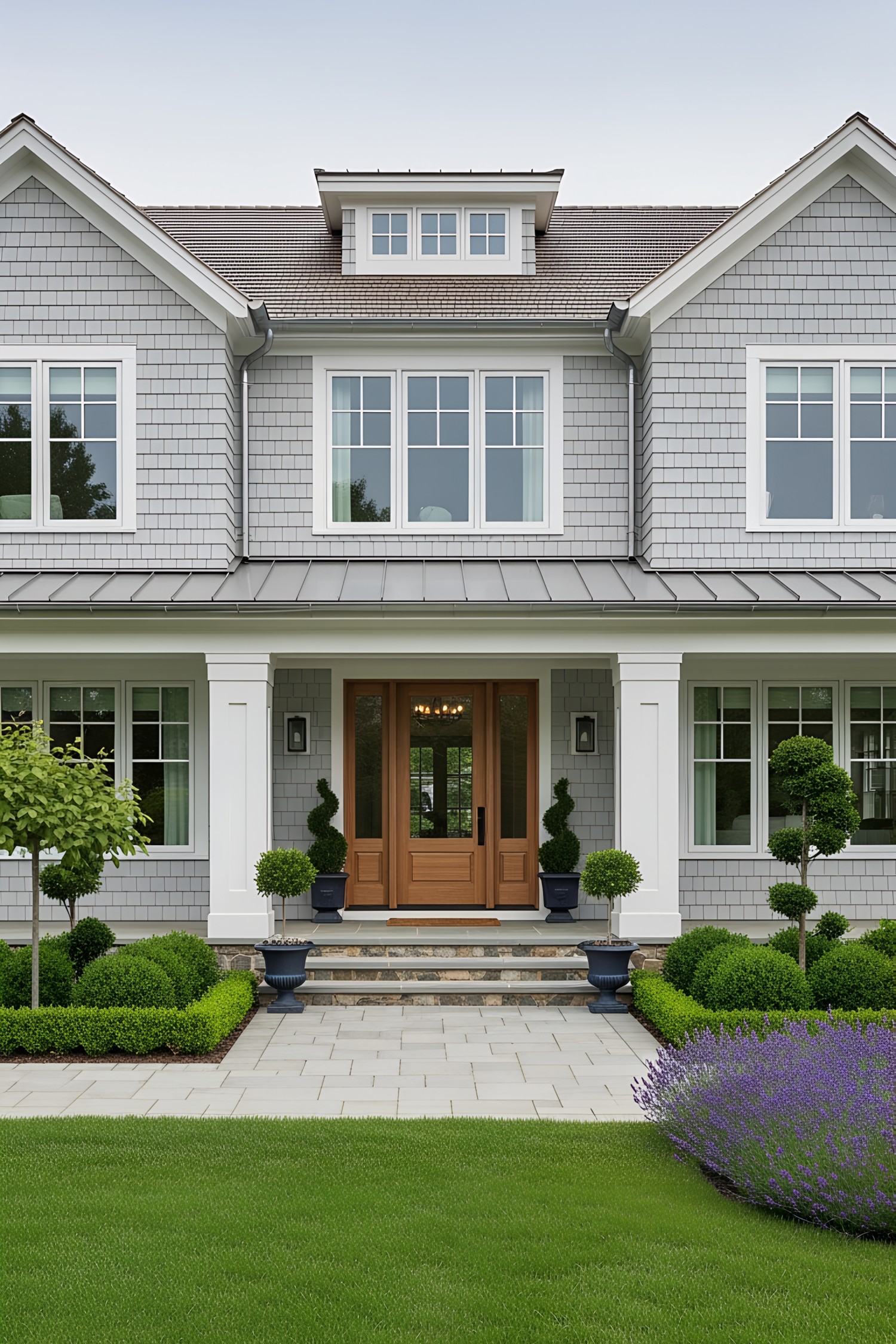 Modern coastal home with lush greenery and elegant entryway