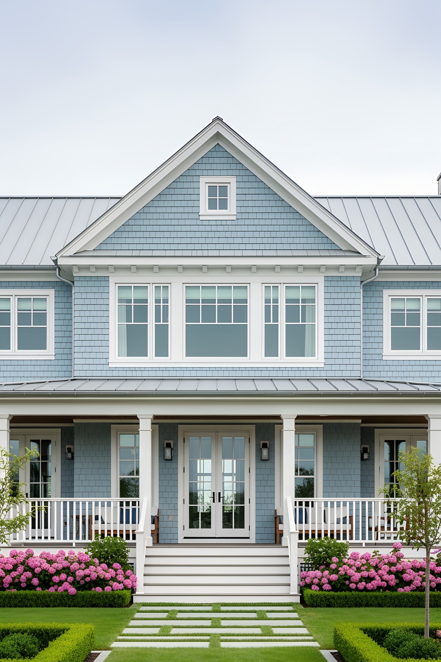 Elegant coastal house with blue siding and white trim