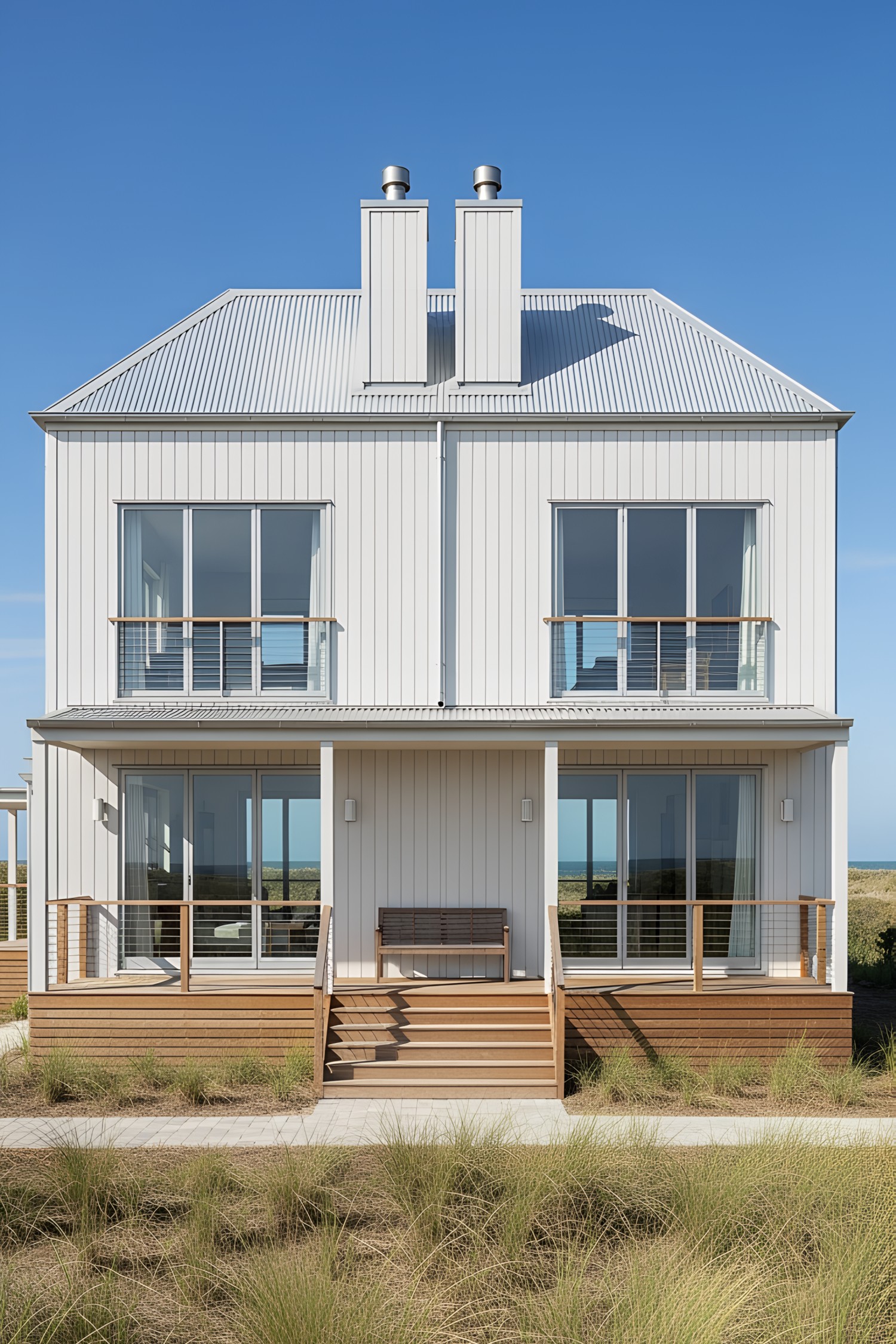 Modern coastal home with white cladding and expansive windows