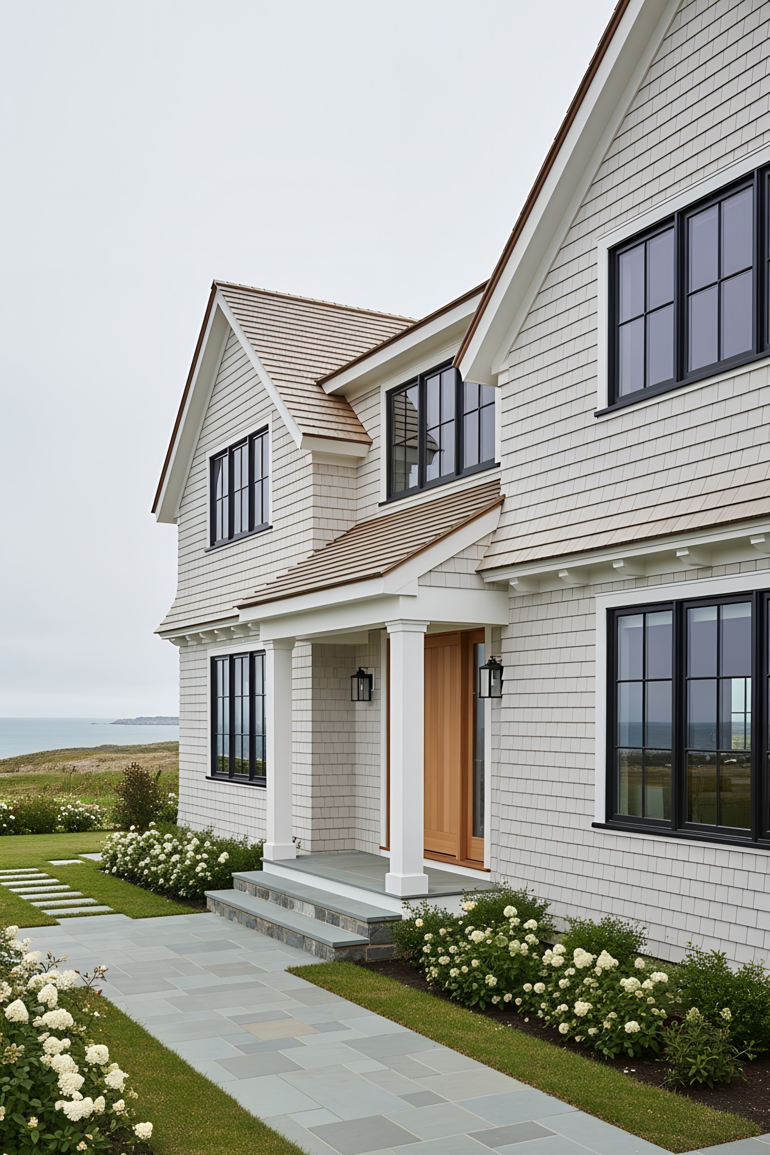 Coastal house with light gray siding and a wooden front door