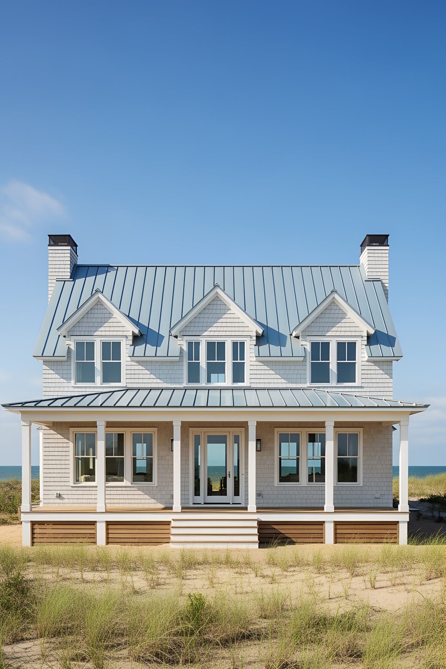 Coastal house with blue metal roof and white columns