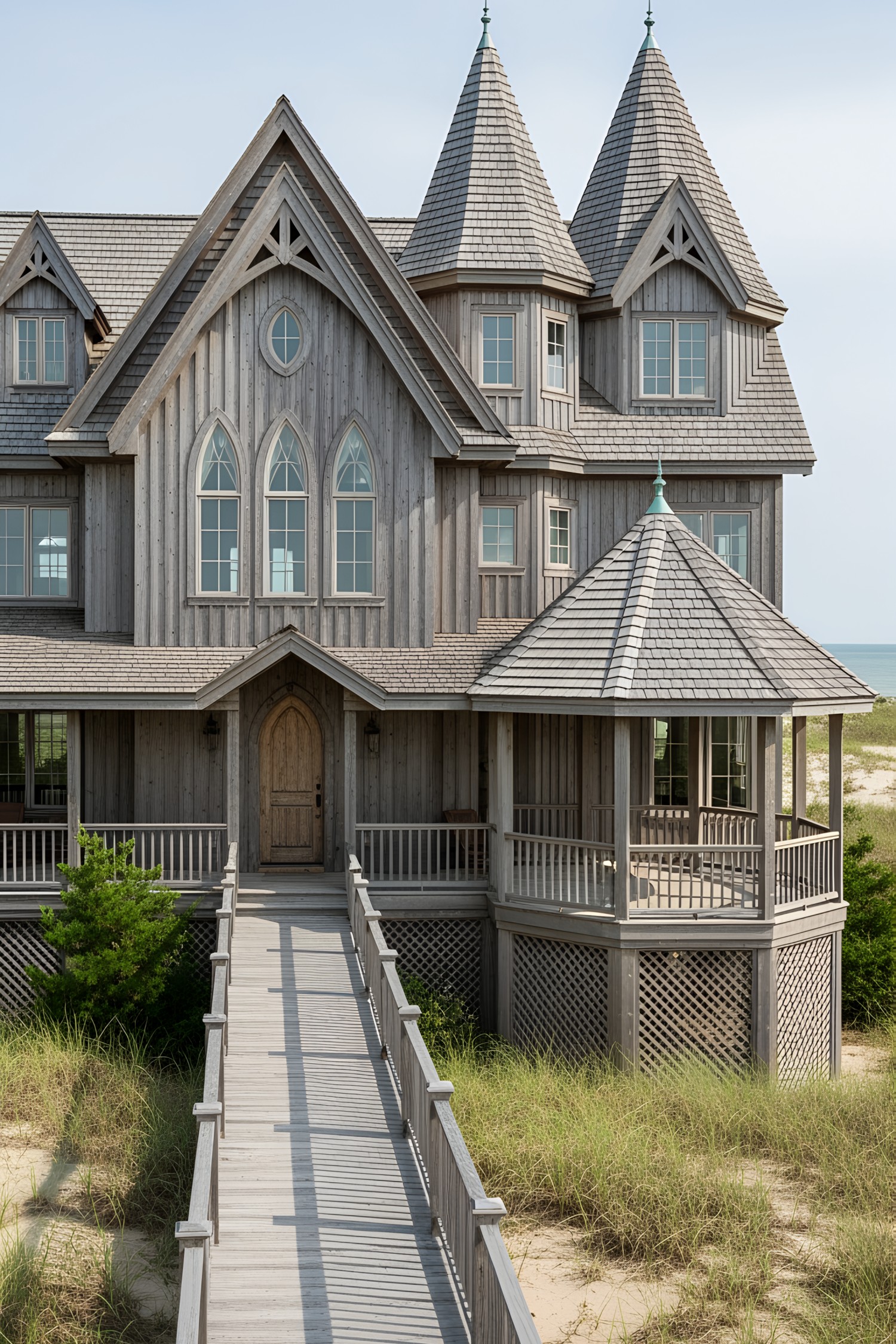 Gothic coastal house with turrets and wooden facade