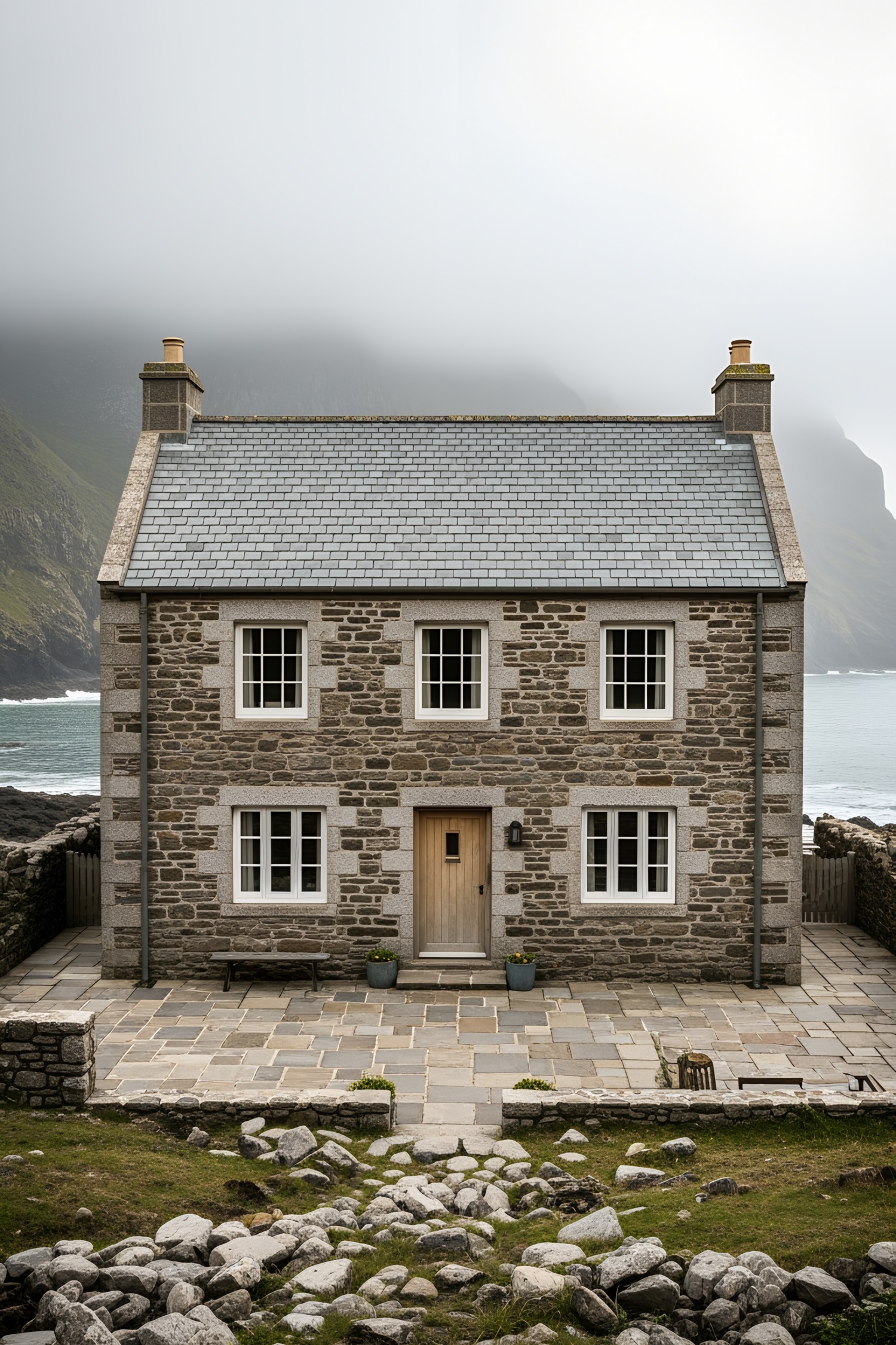 Stone house with slate roof near ocean