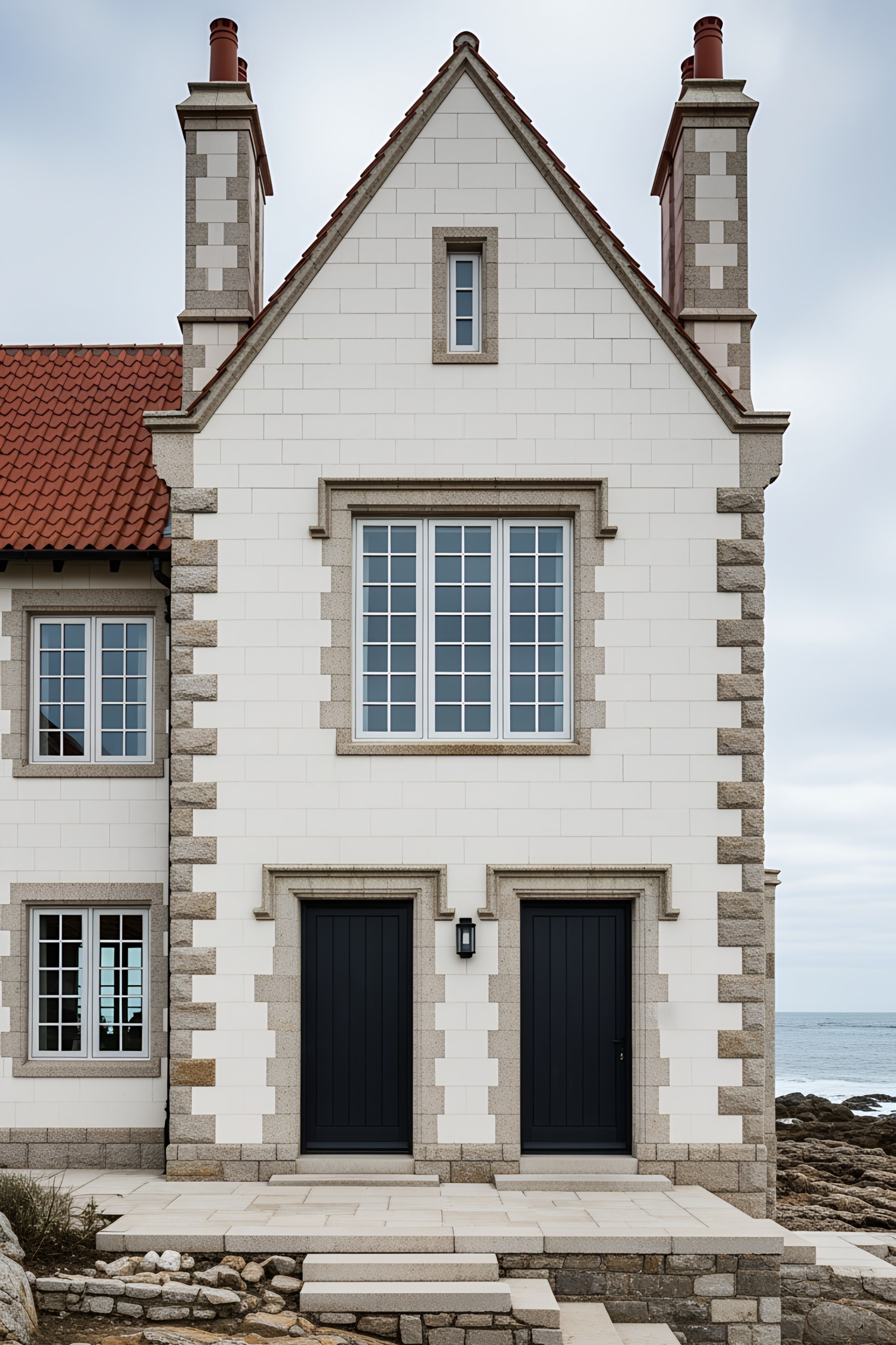 Coastal gothic house with pointed roof and twin chimneys by the sea