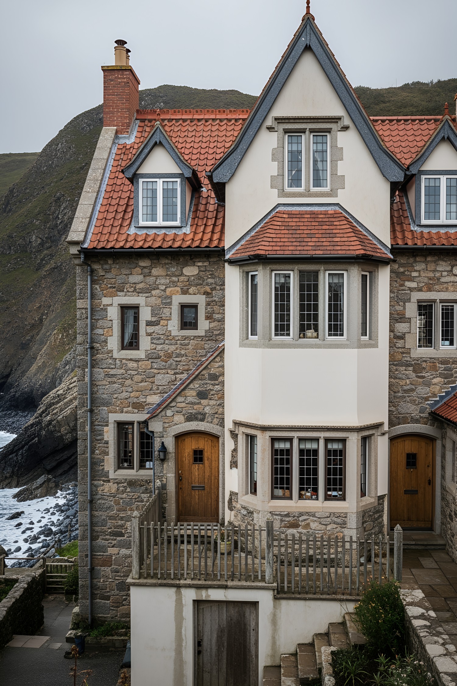 Rustic stone and timber beach house with dramatic gables