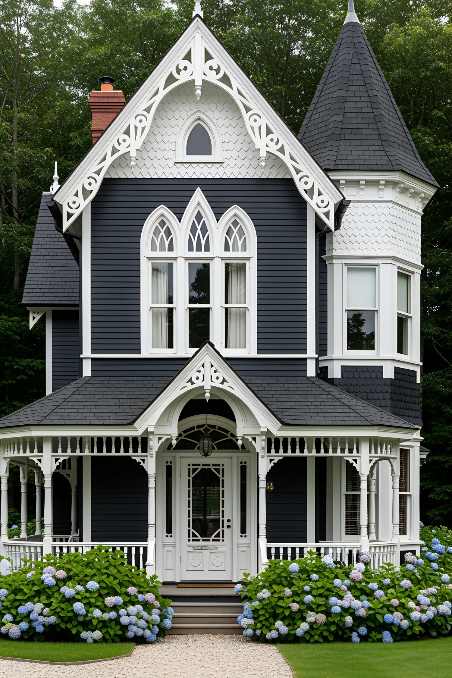 Gothic-style house with turret and blue hydrangeas
