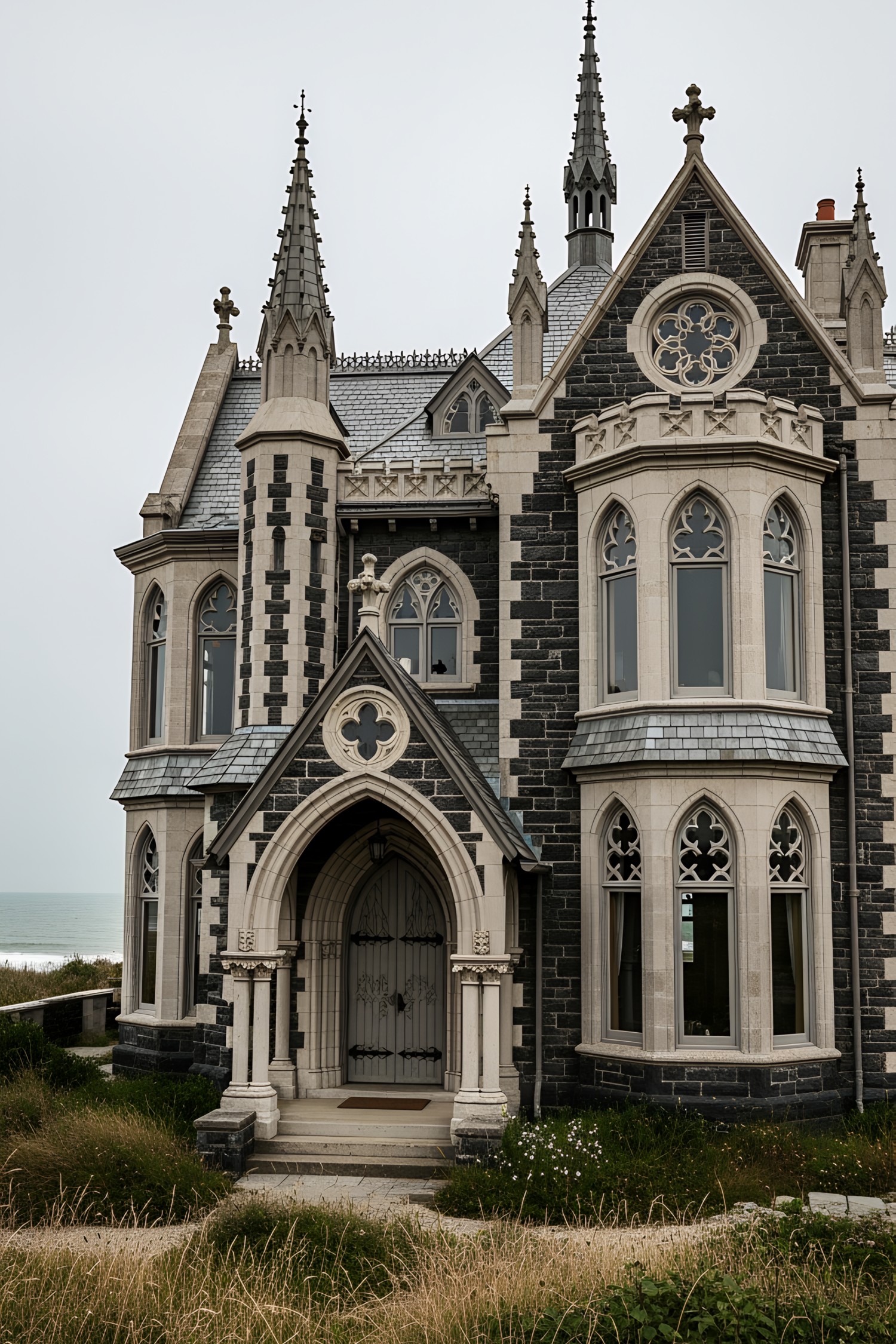 Gothic-style house with pointed spires by the coast