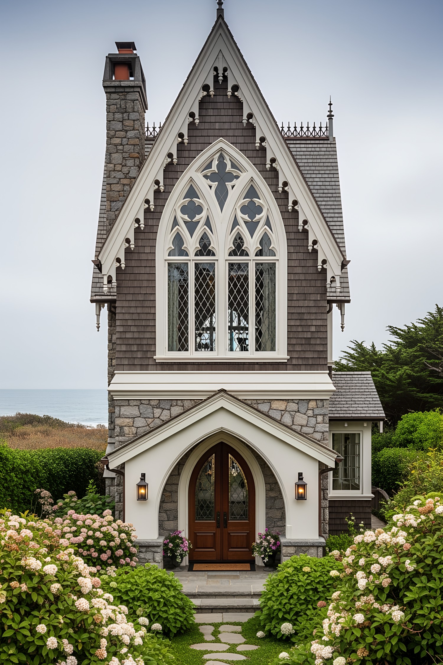 Charming gothic-style coastal house with lush gardens