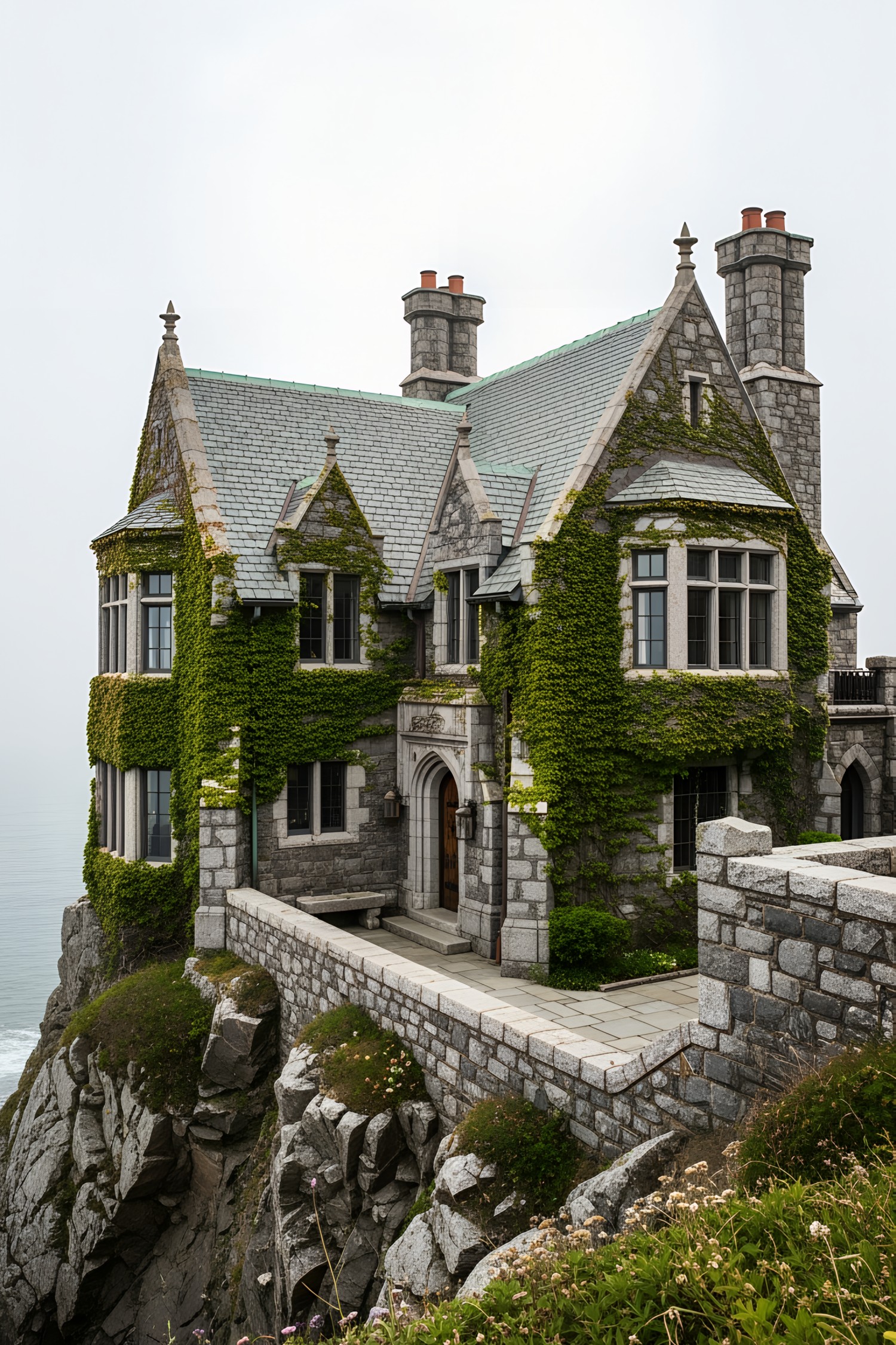 Large stone house perched on a cliff with green ivy