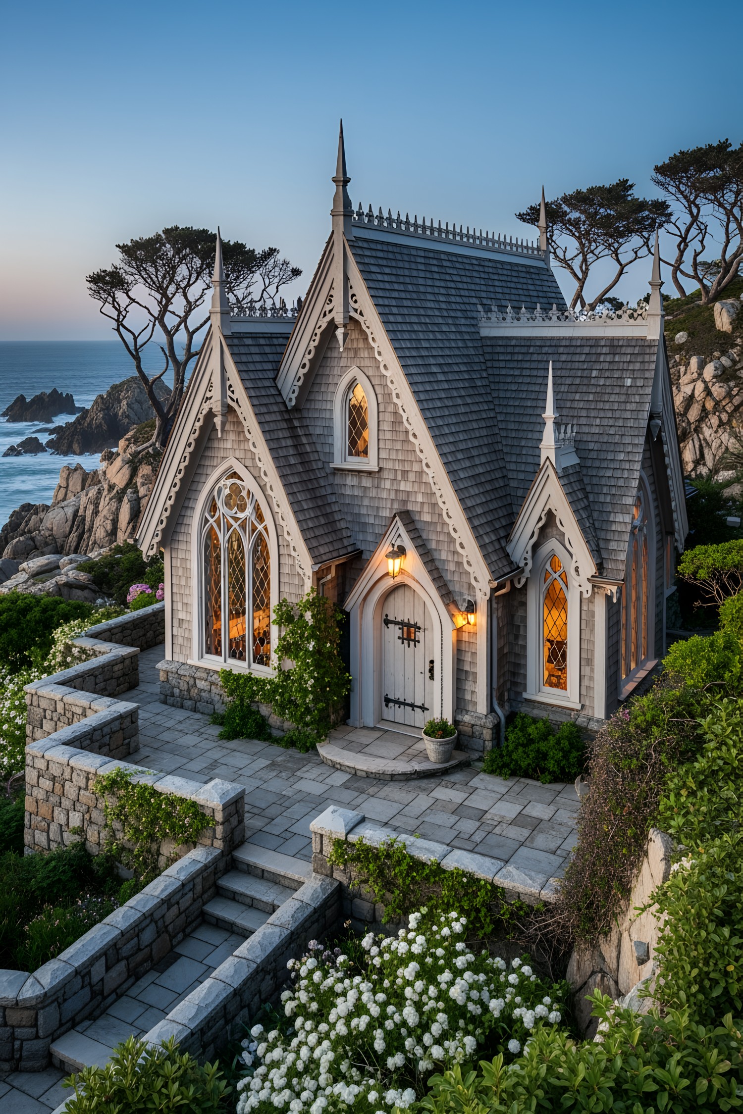 A quaint coastal house with intricate gothic architectural details