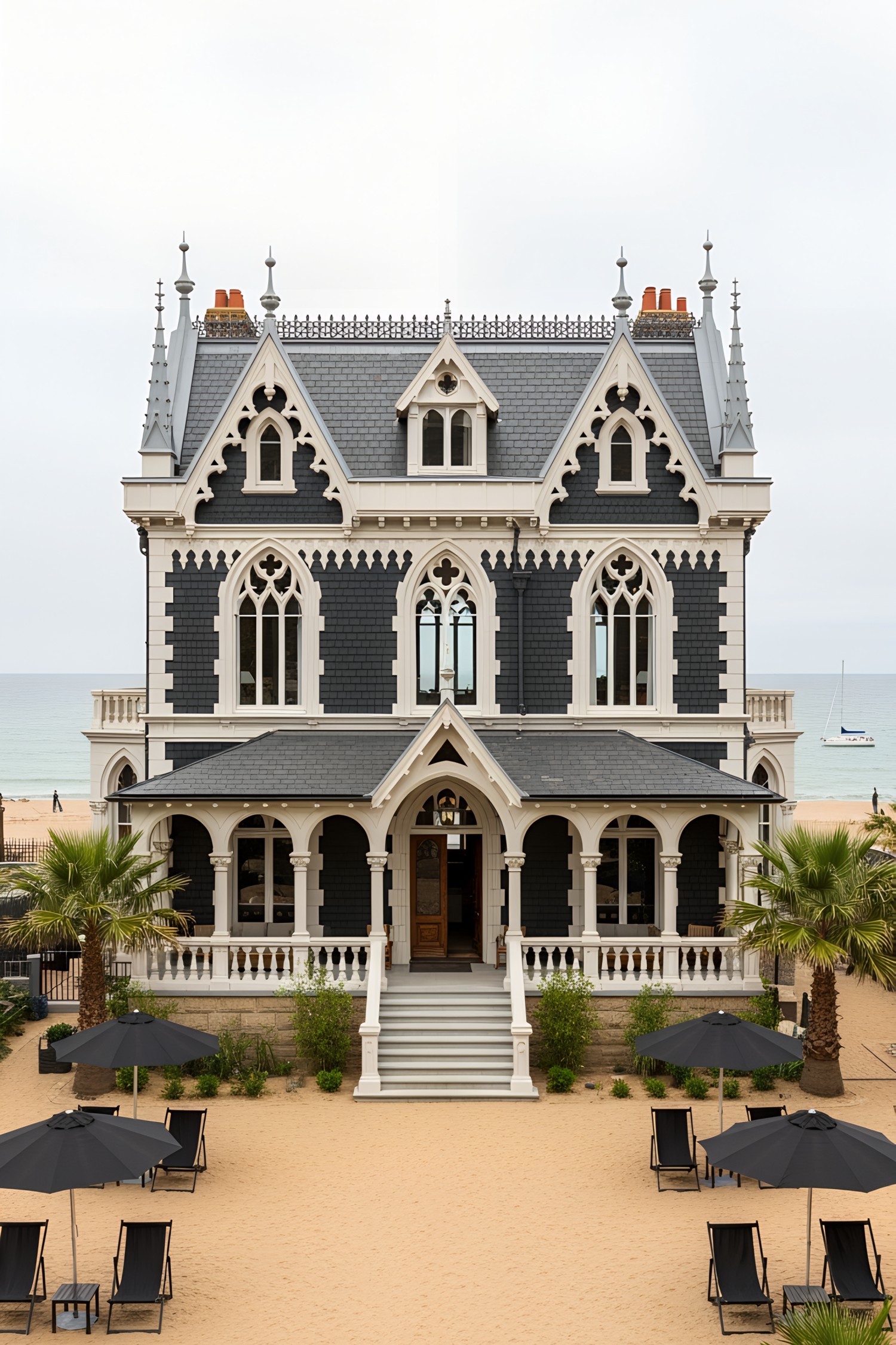 Gothic-style house by the coast with ornate spires