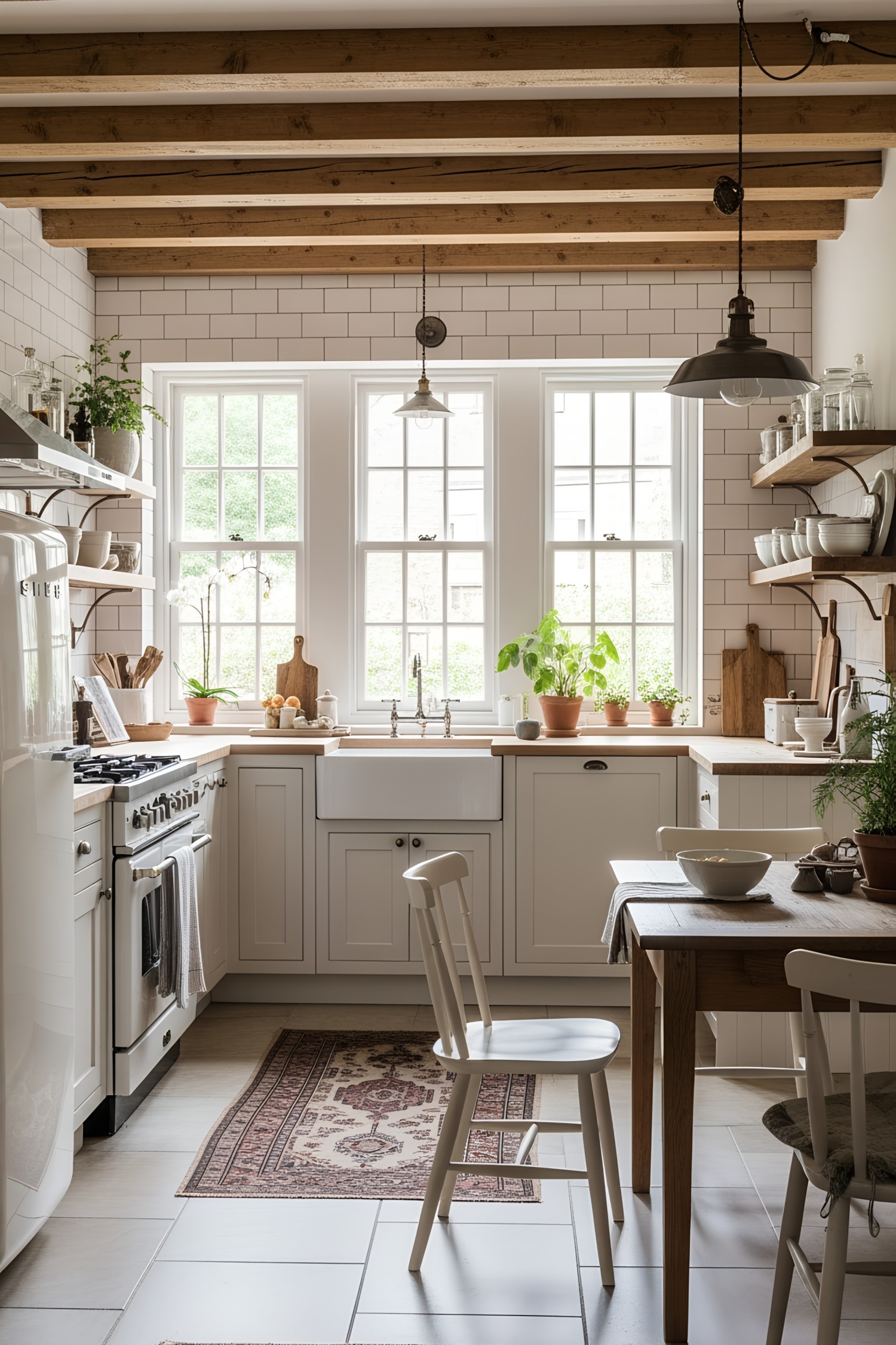 Vintage-style kitchen with white cabinets and wooden beams