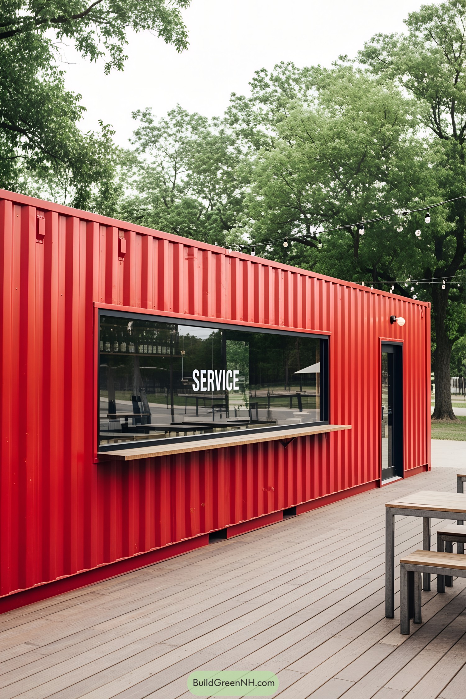 Bright red shipping container bar with serving window on a wooden deck