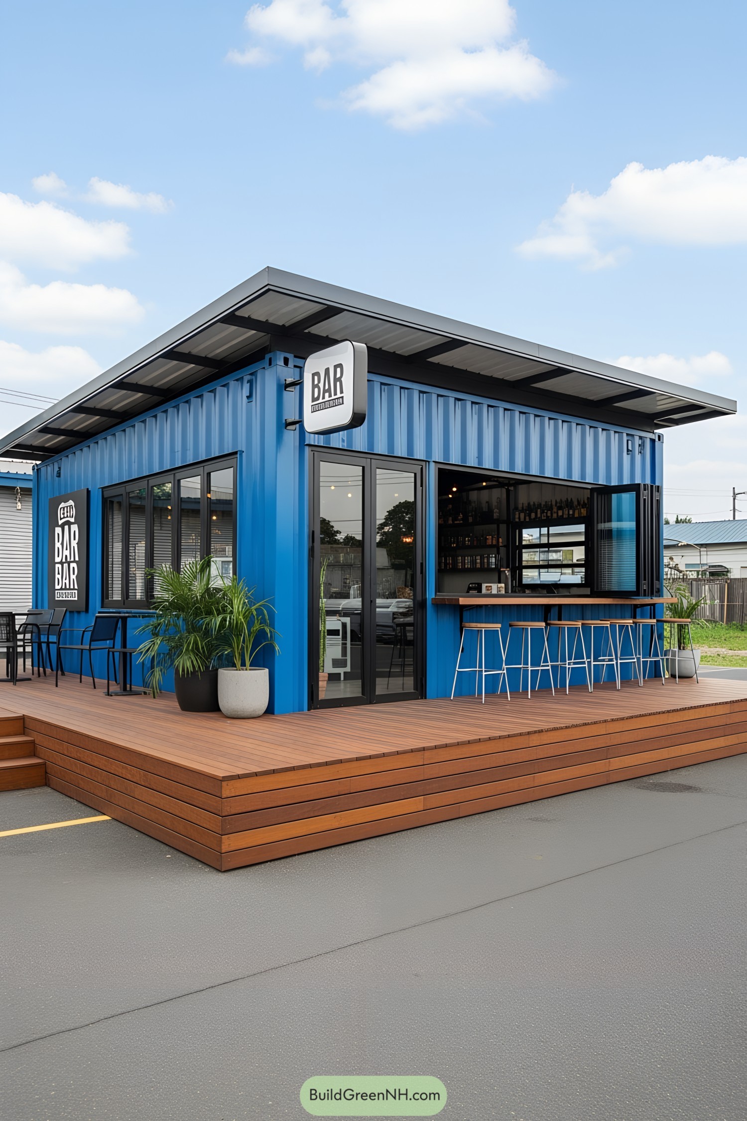 Blue container bar with a wooden deck