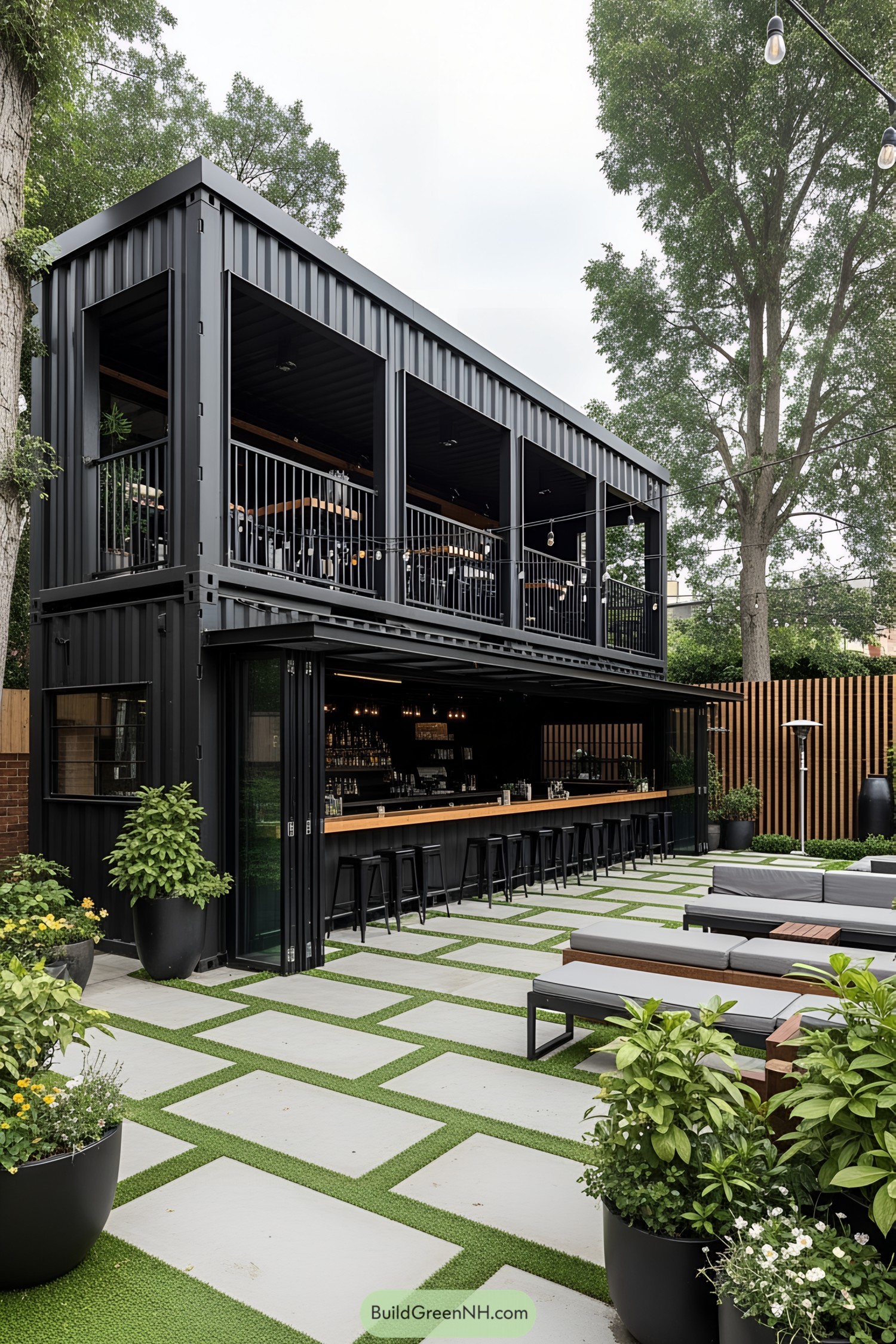 Sleek black container bar with patio seating