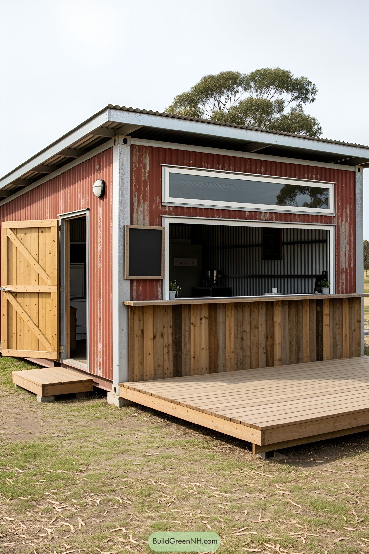 Red and wooden container bar with serving window