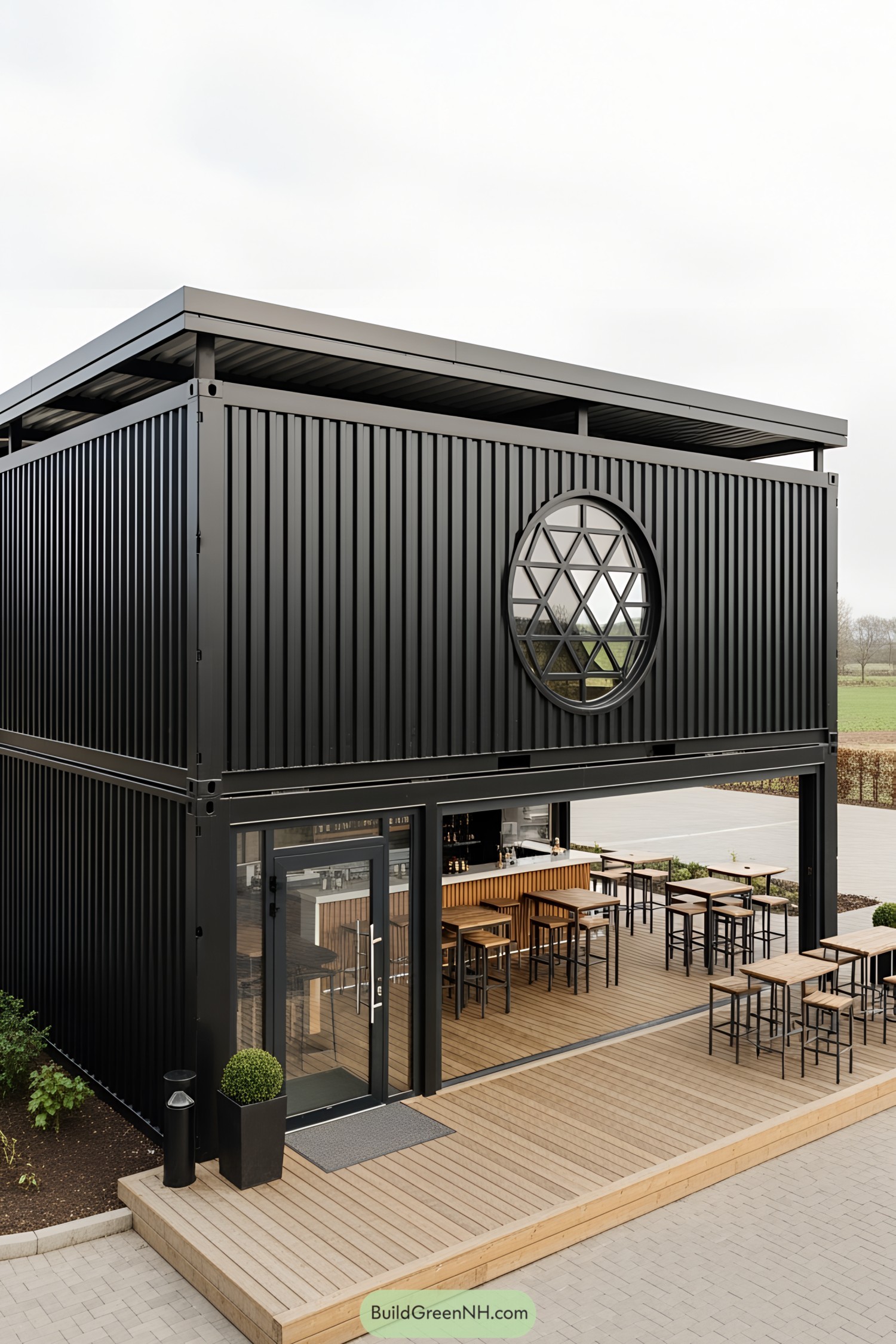 Sleek black container bar with outdoor seating and geometric window