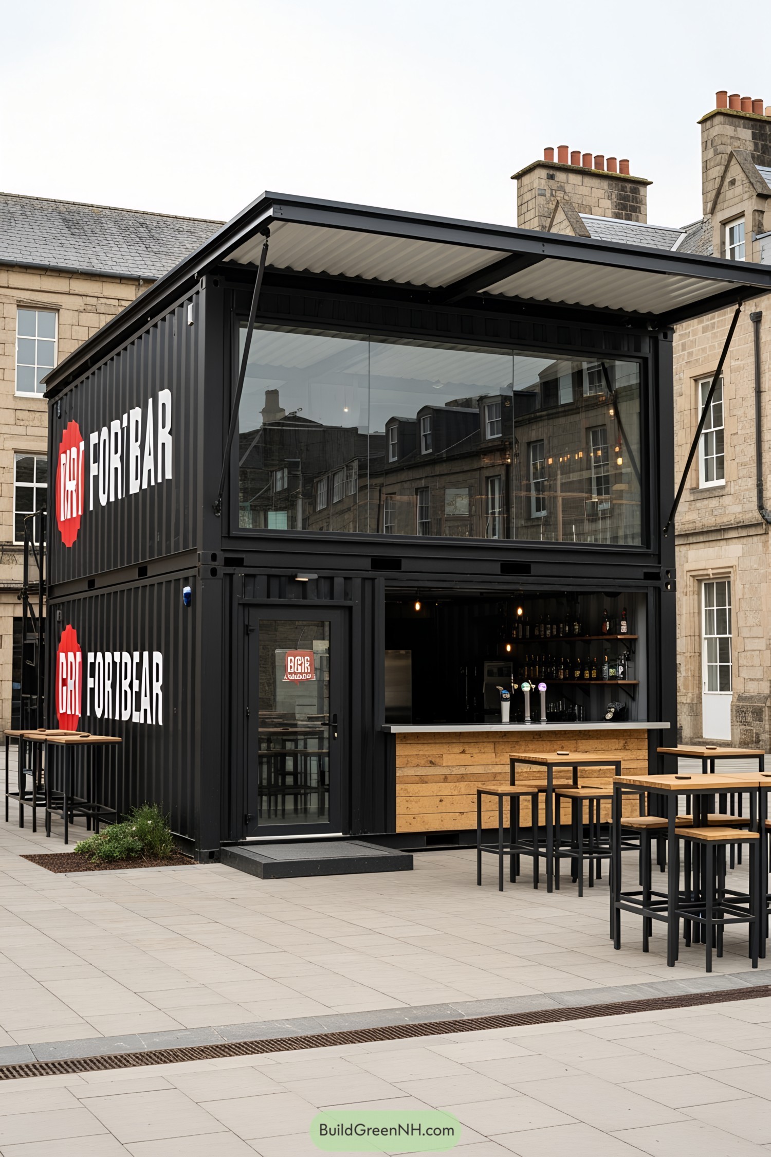 Trendy black container bar with outdoor seating